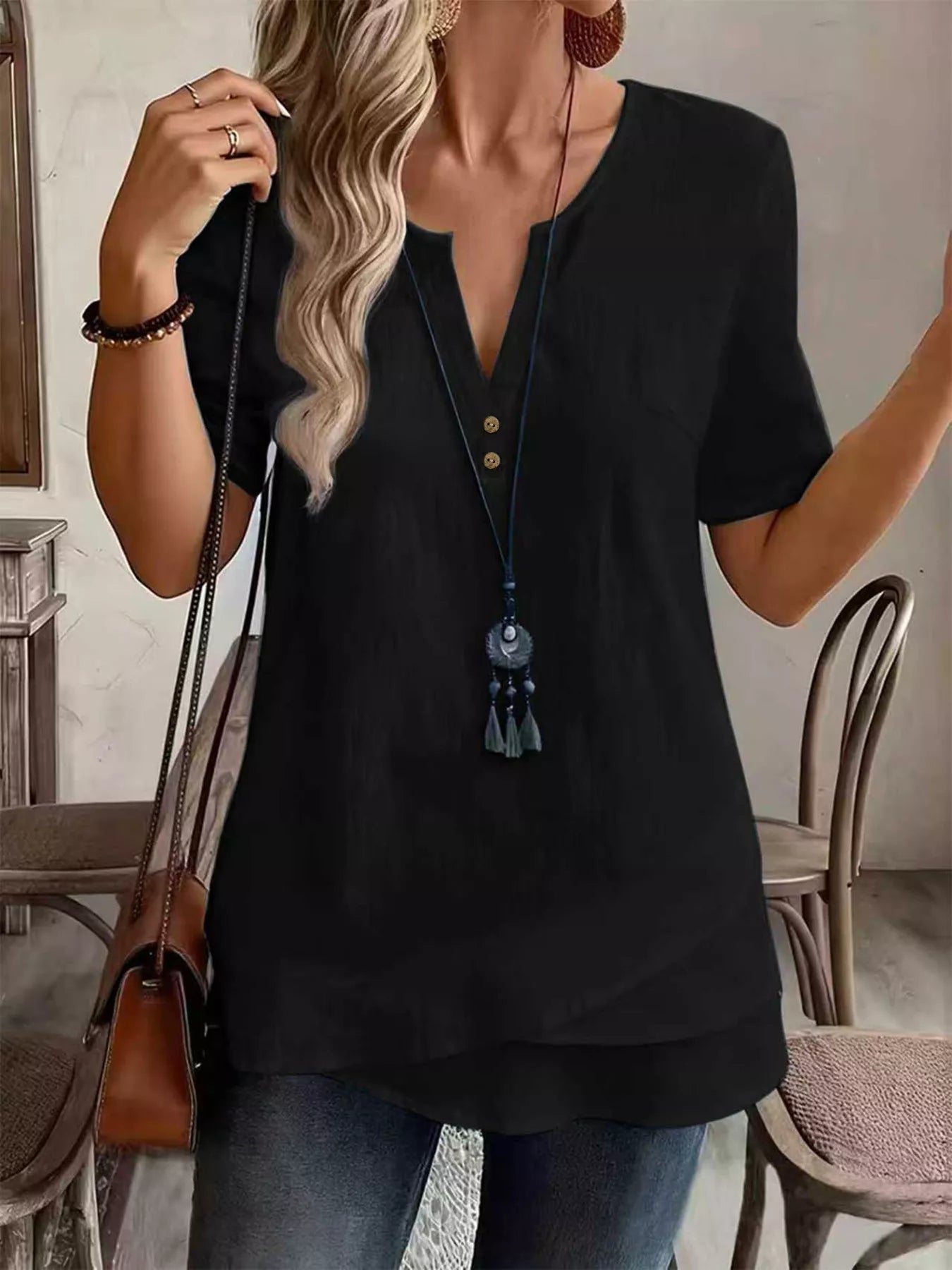 Trendsi Notched Short Sleeve Blouse -