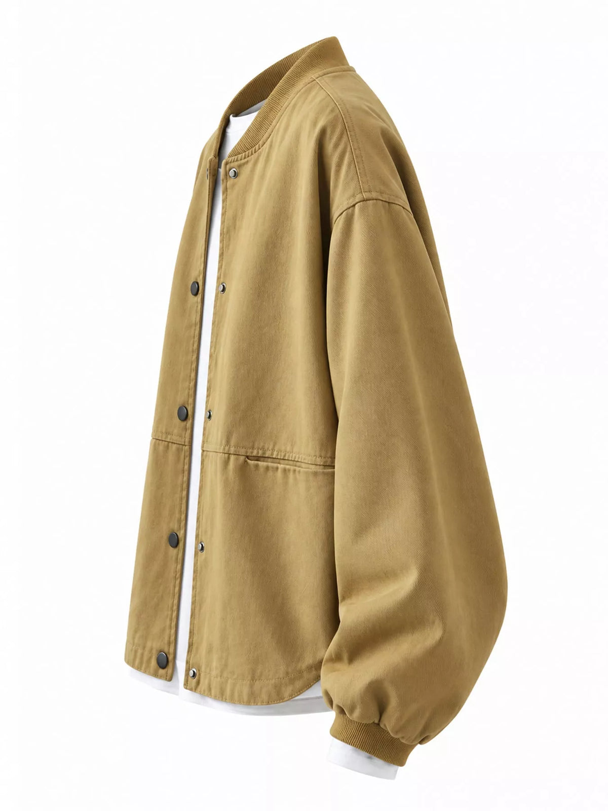 Tan snap front dropped shoulder jacket, side view