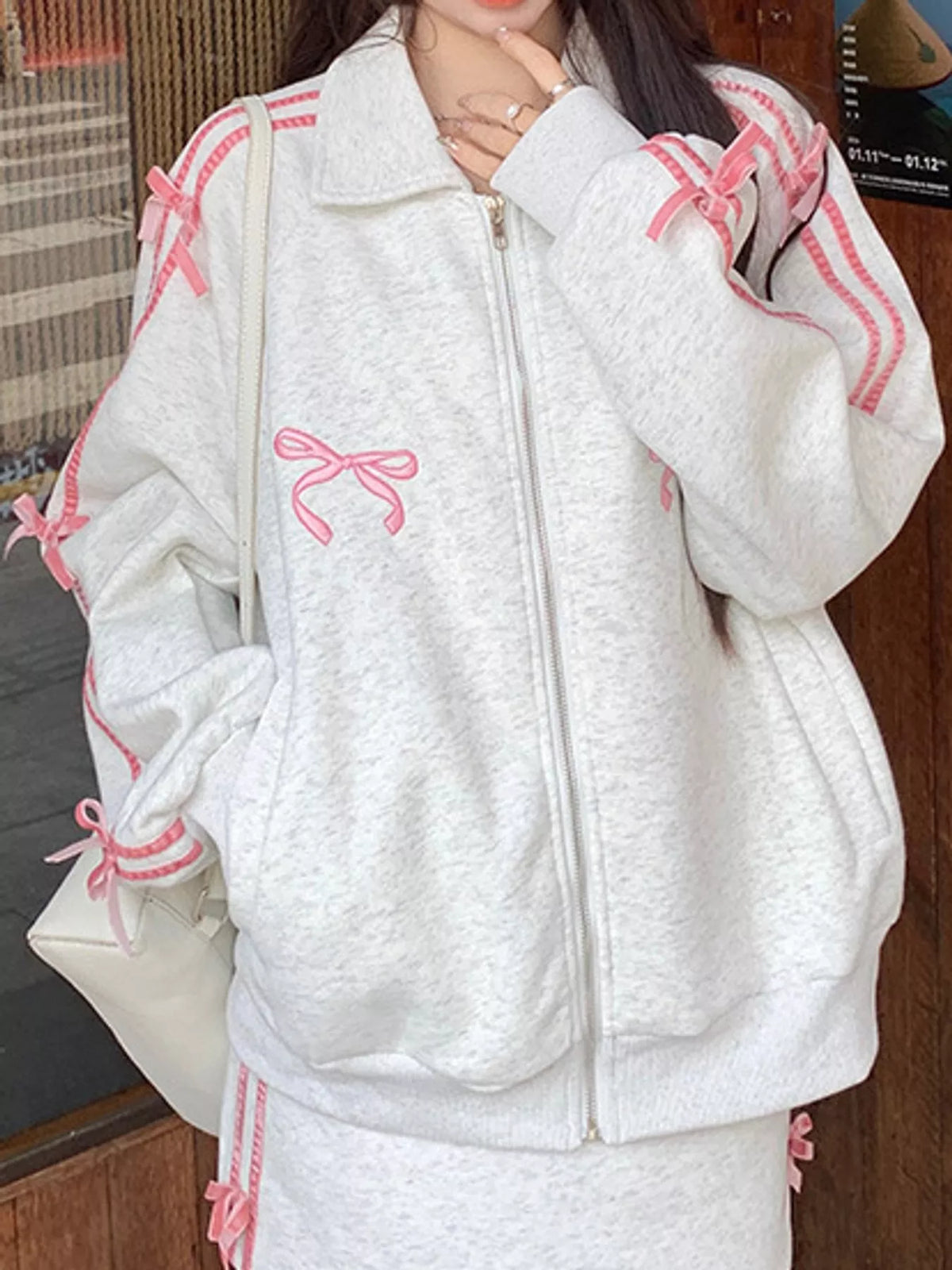 White Gray bow embroidered zip-up sweatshirt, back view