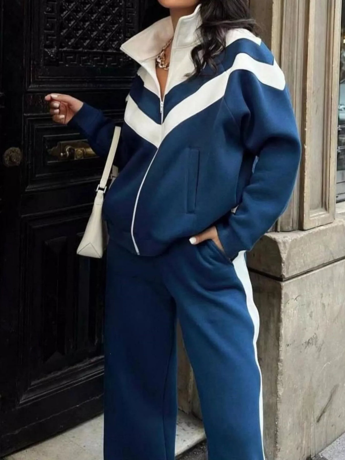 Trendsi Color Block Zip-Up Outerwear and Pants Set -
