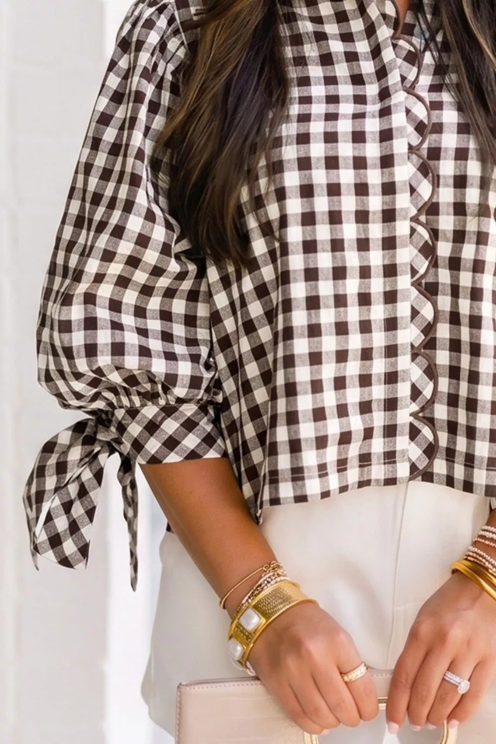 Brown gingham scalloped-trim tie-sleeve shirt, front sleeve tie and trim detail
