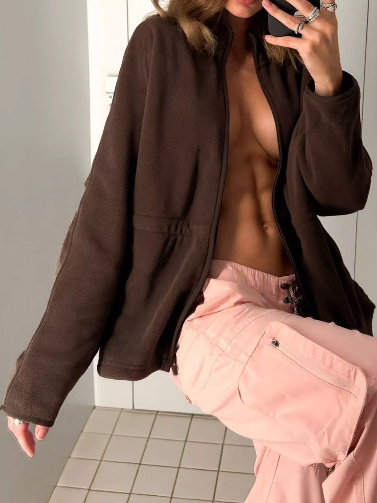 Brown drawstring fleece zip-up jacket