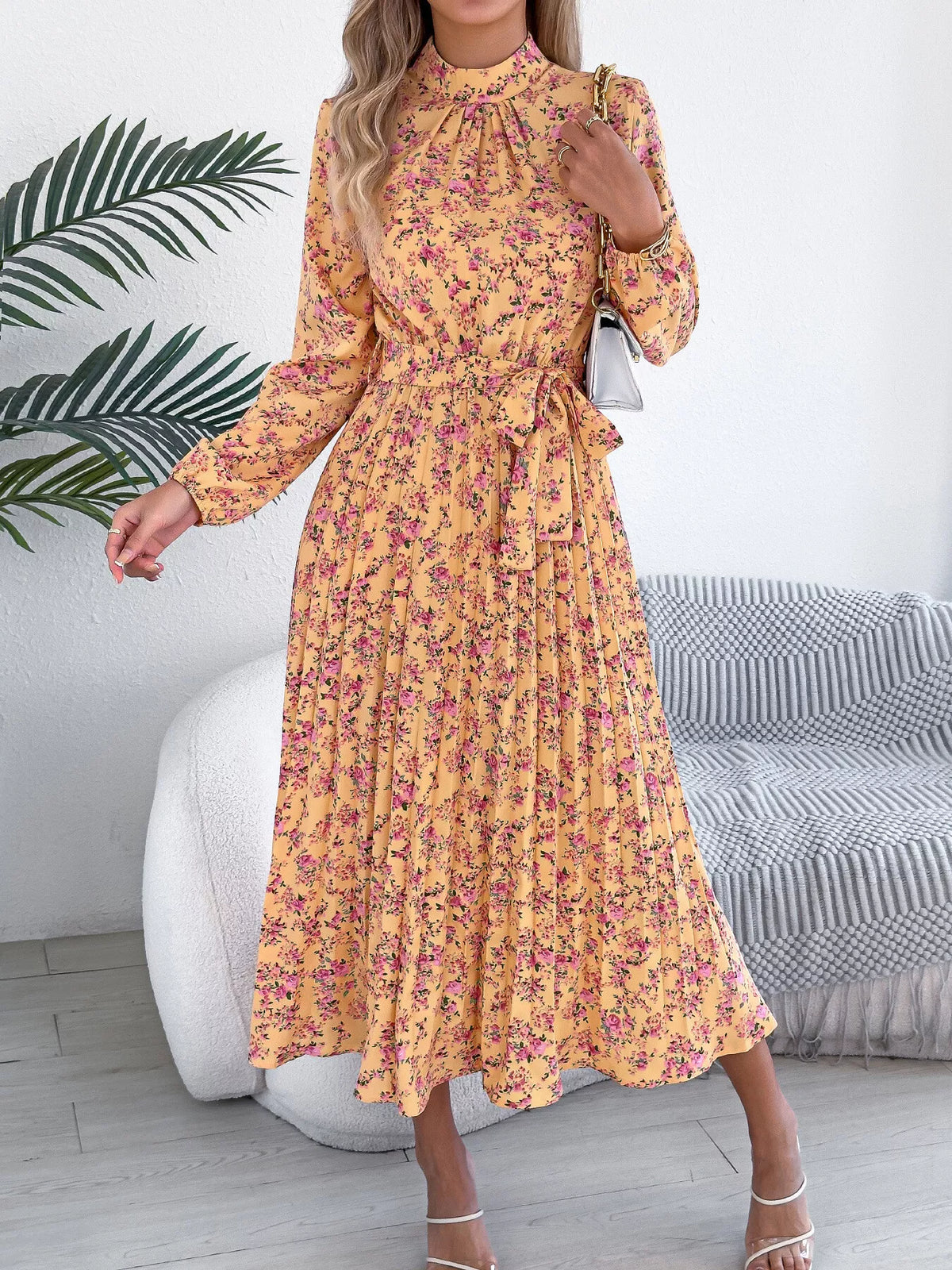 Yellow floral print long sleeve midi dress