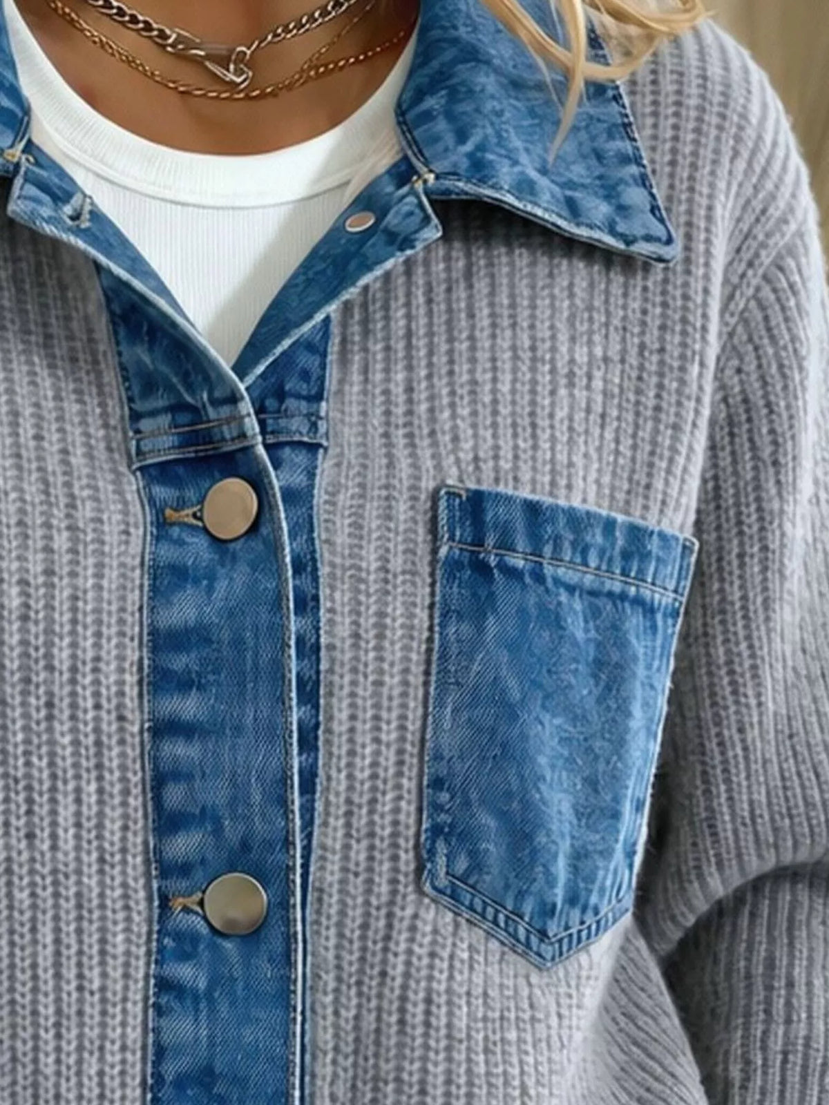 Gray Denim Trim Button-Up Cardigan alternate view