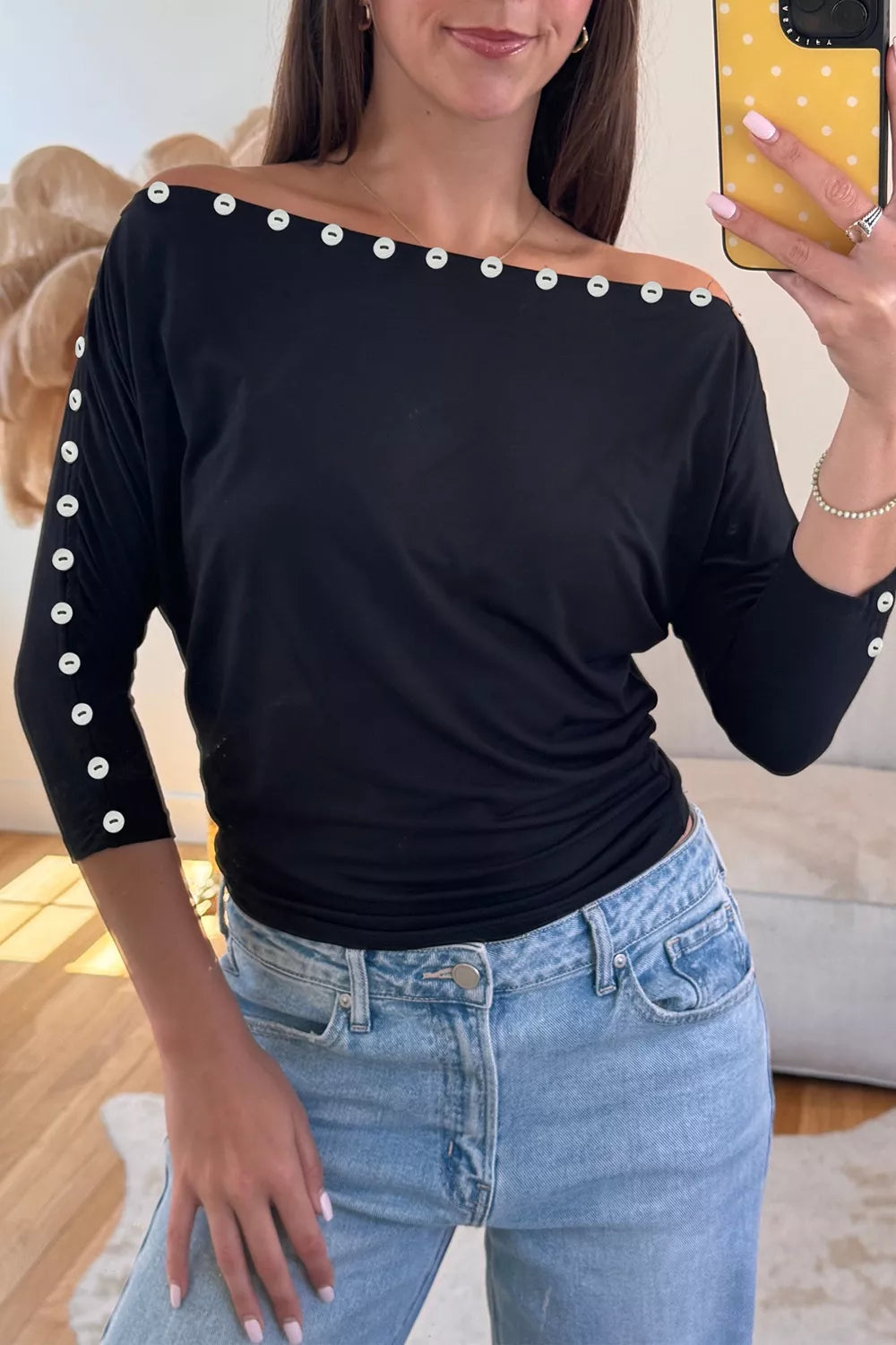 Black off-shoulder button-detail three-quarter sleeve top