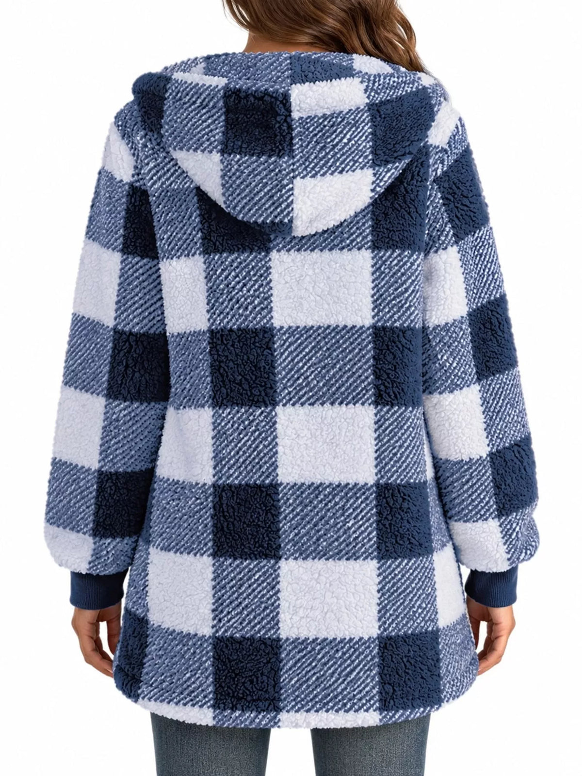 Blue and white plaid sherpa hooded zip up jacket, back view