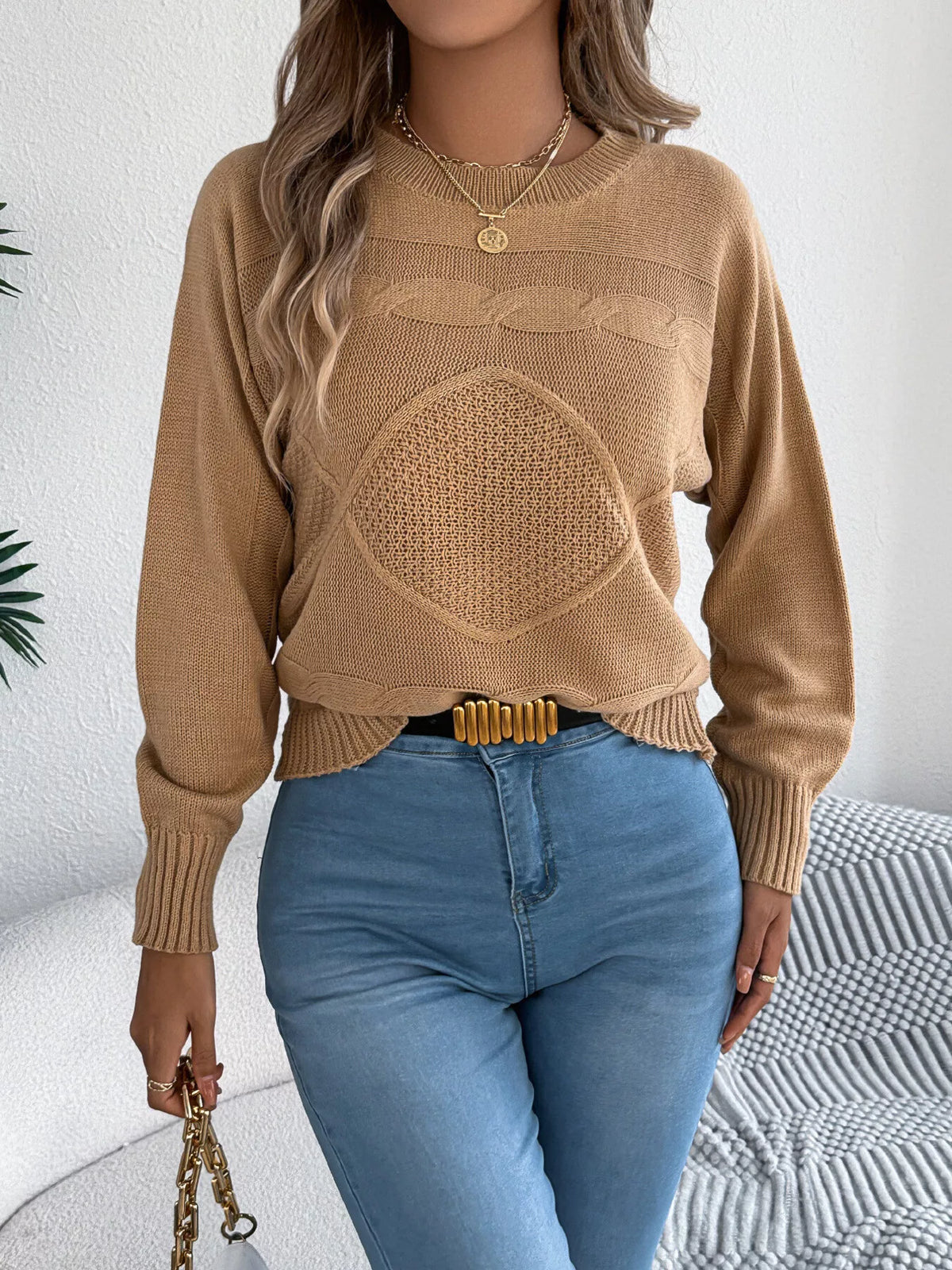 Khaki Color cable knit crew neck sweater