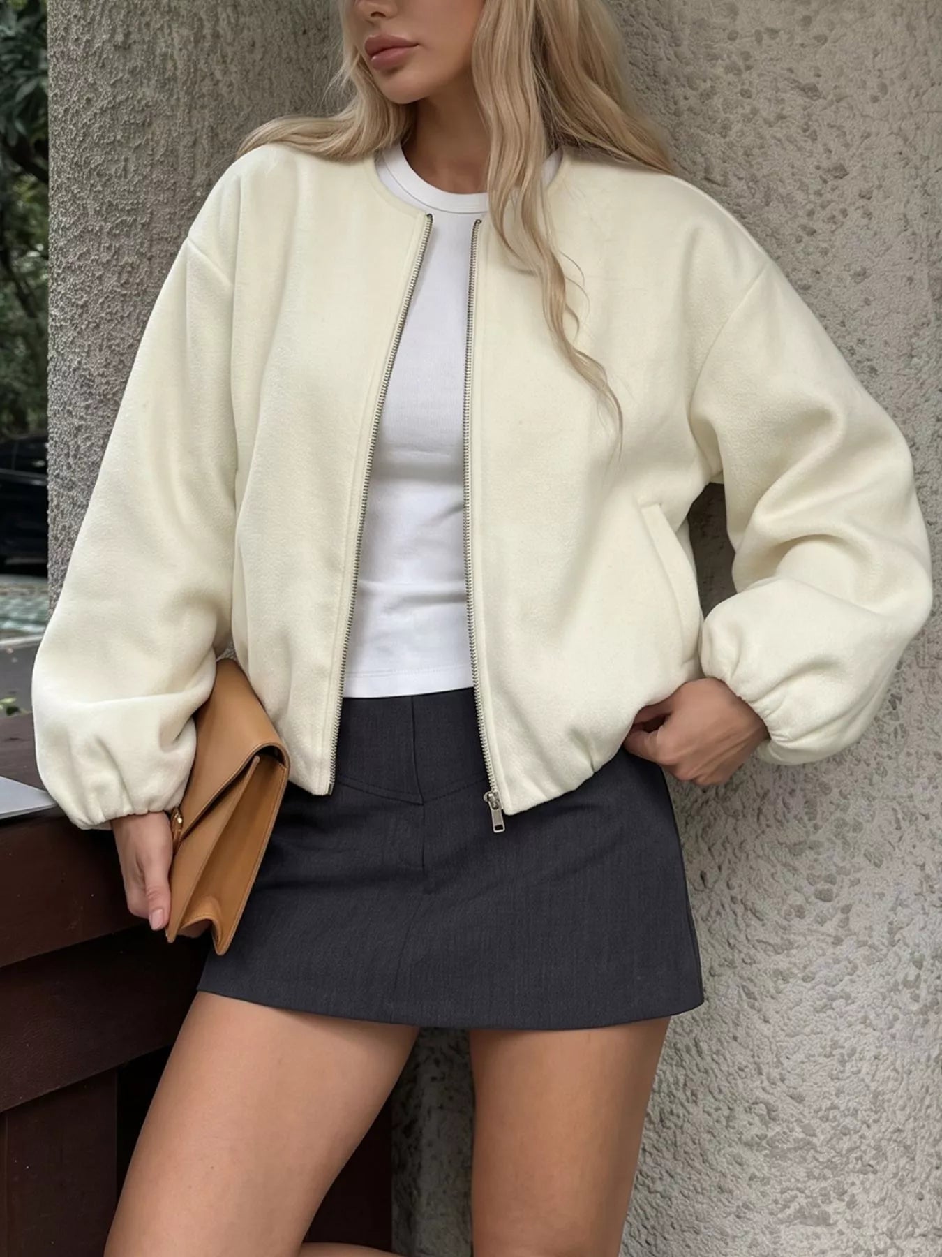 Trendsi Fleece Bomber Jacket with Zipper Closure -