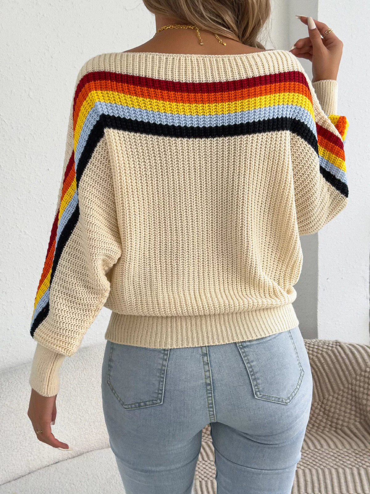 Striped Knit Boat Neck Sweater in beige, back view