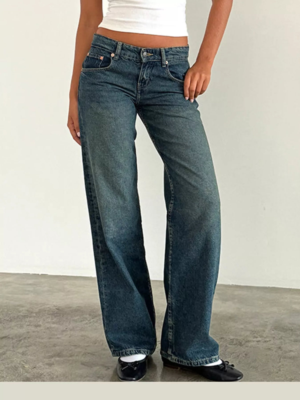 Vintage Wash Low-Rise Wide-Leg Jeans — front view