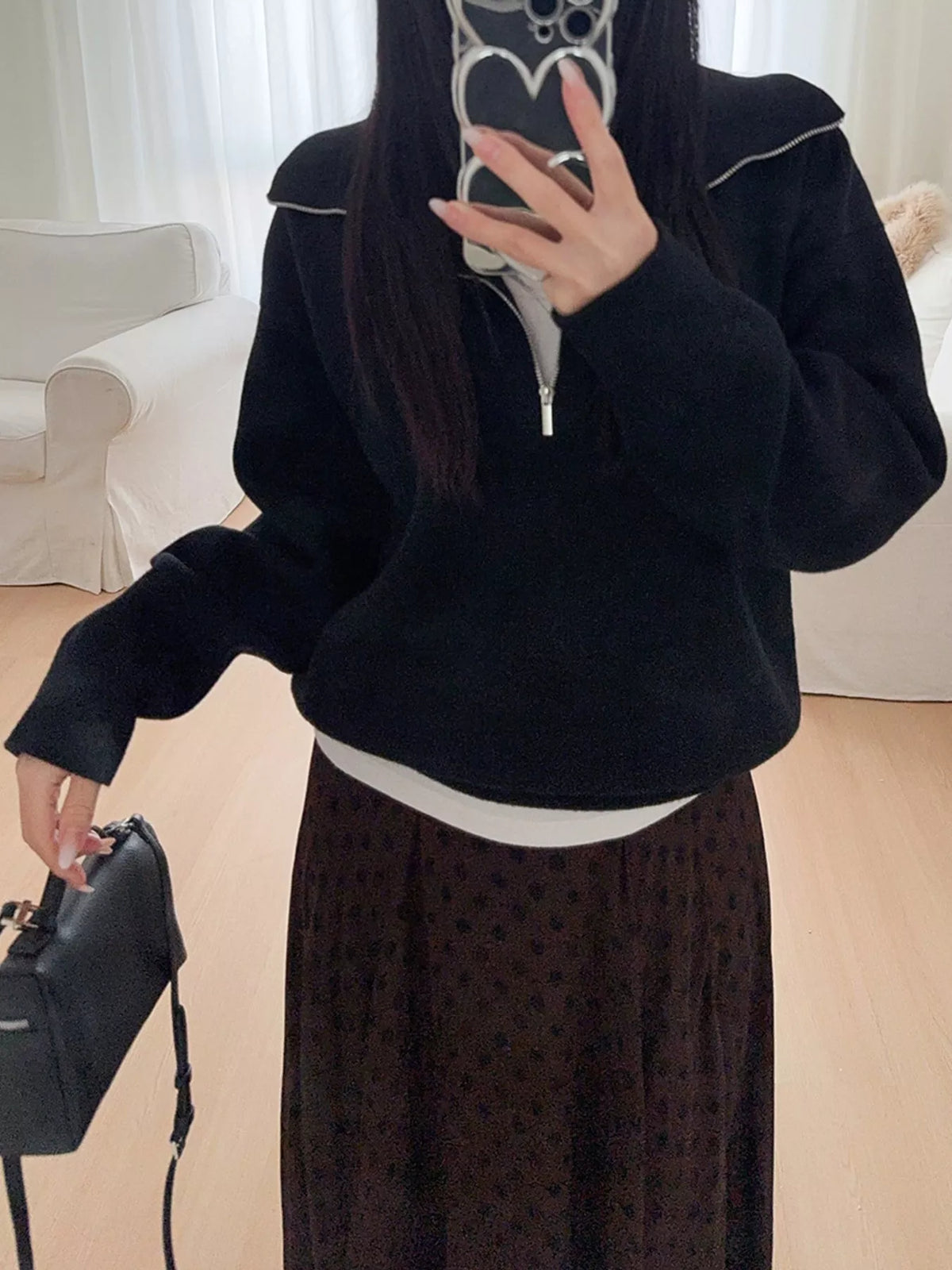Women's Half-Zip Dropped Shoulder Sweater in black — front view