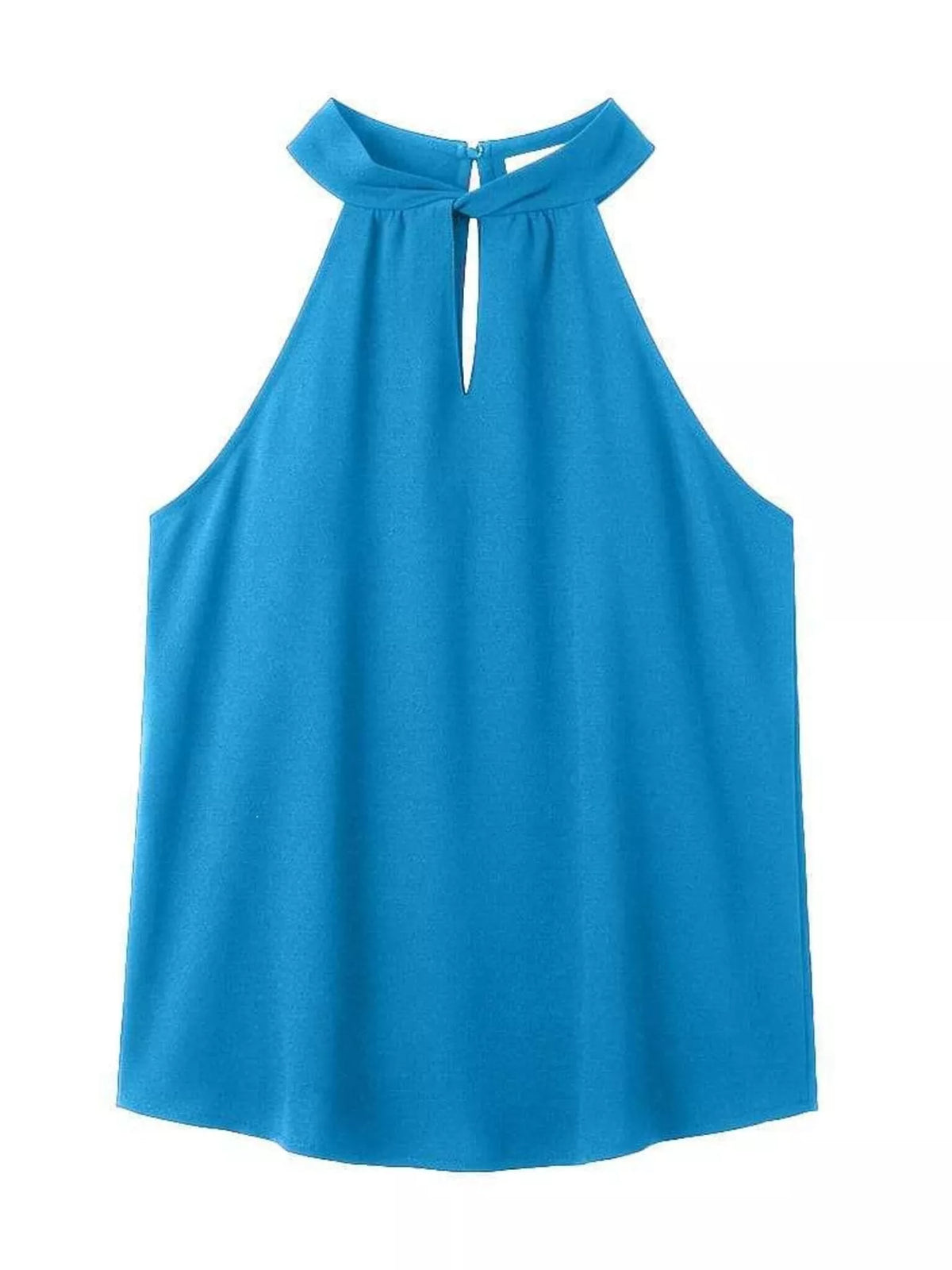 Blue keyhole halter-neck tank, front, garment only