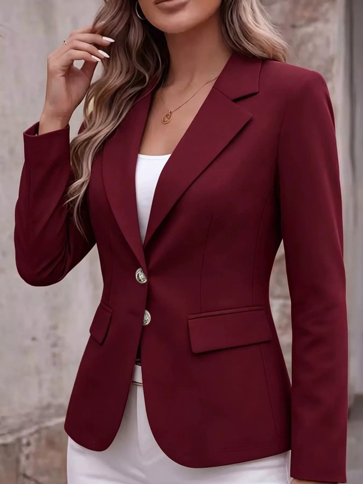 Collared long sleeve blazer, front view on model