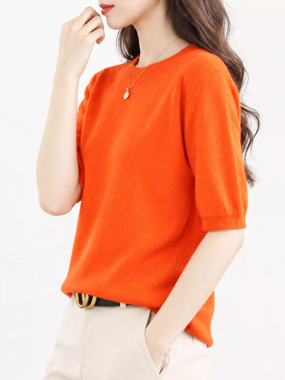 Bright Orange round neck short-sleeve sweater