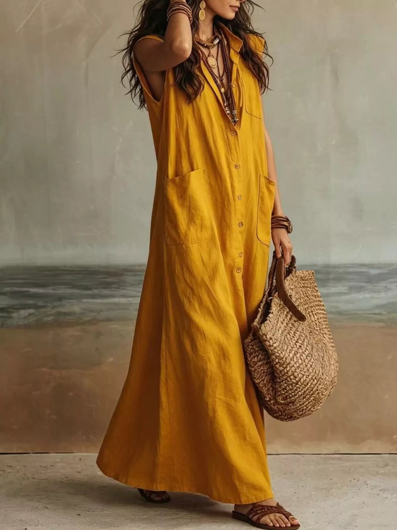 Trendsi Sleeveless Button-Down Linen Maxi Dress -