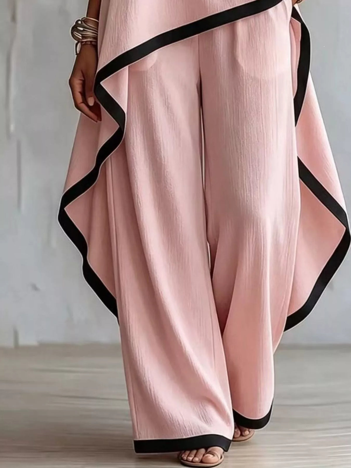 Pink contrast-trim top and pants set, wide-leg pants detail