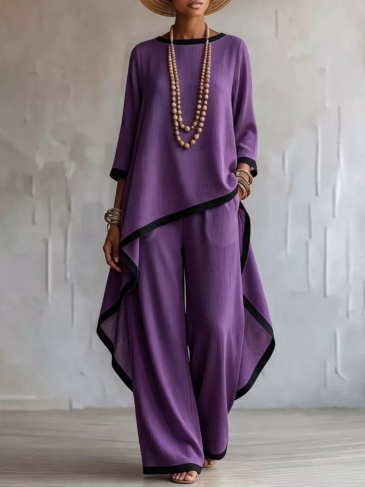 Purple contrast-trim top and pants set, front view