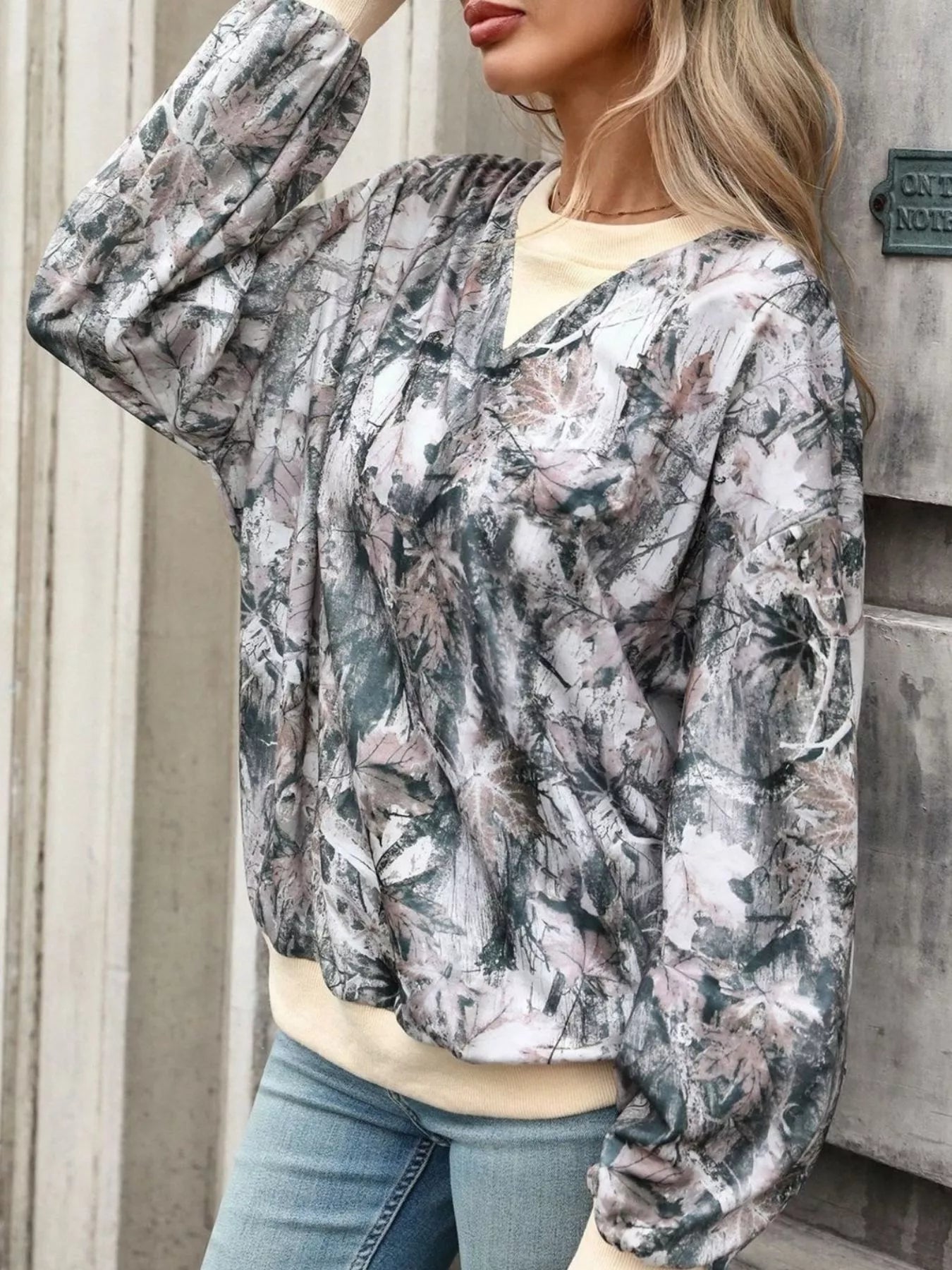 Trendsi Leaf Print Sweatshirt with Contrasting Trim -