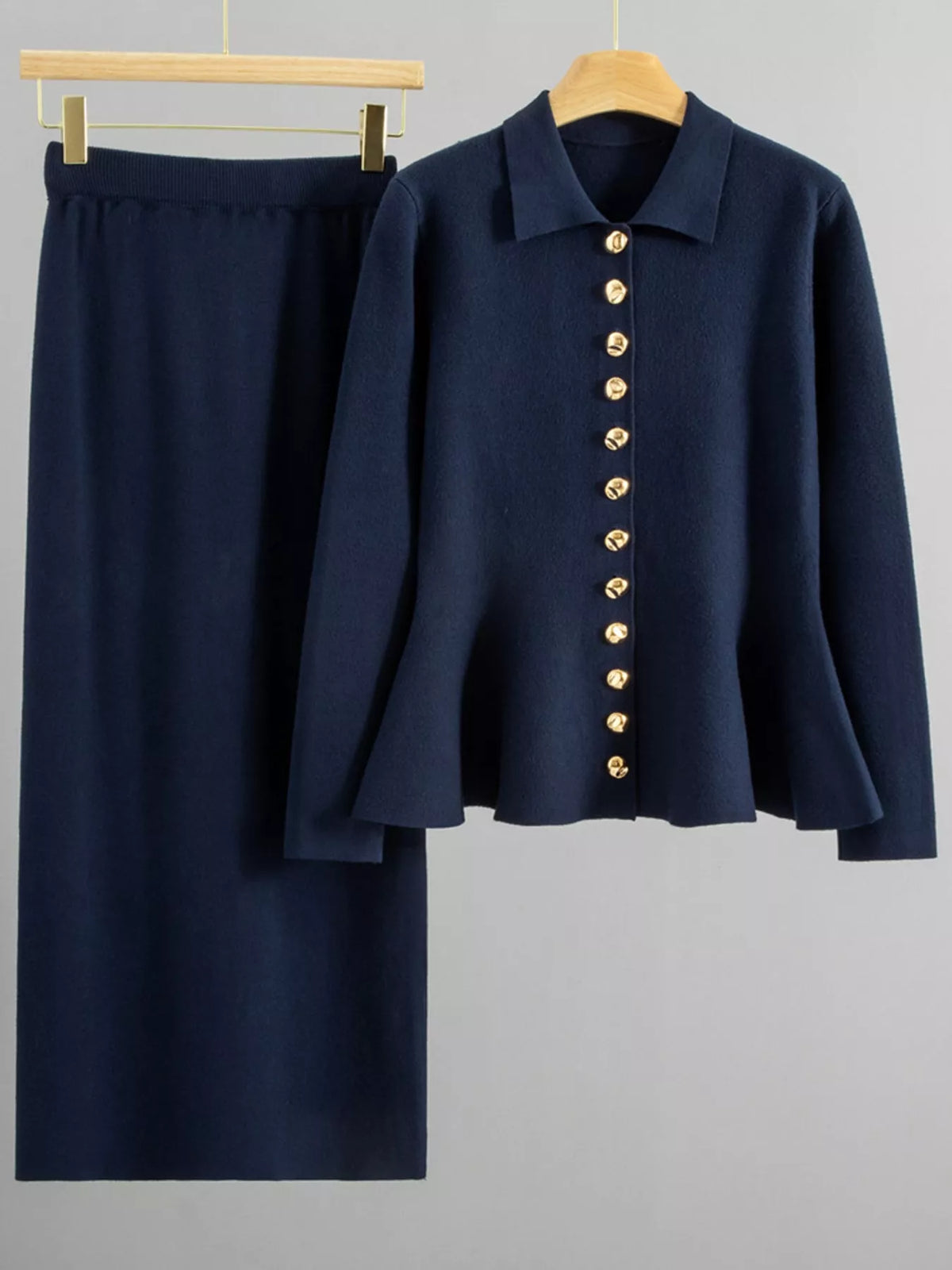 Navy cardigan and skirt set, product view