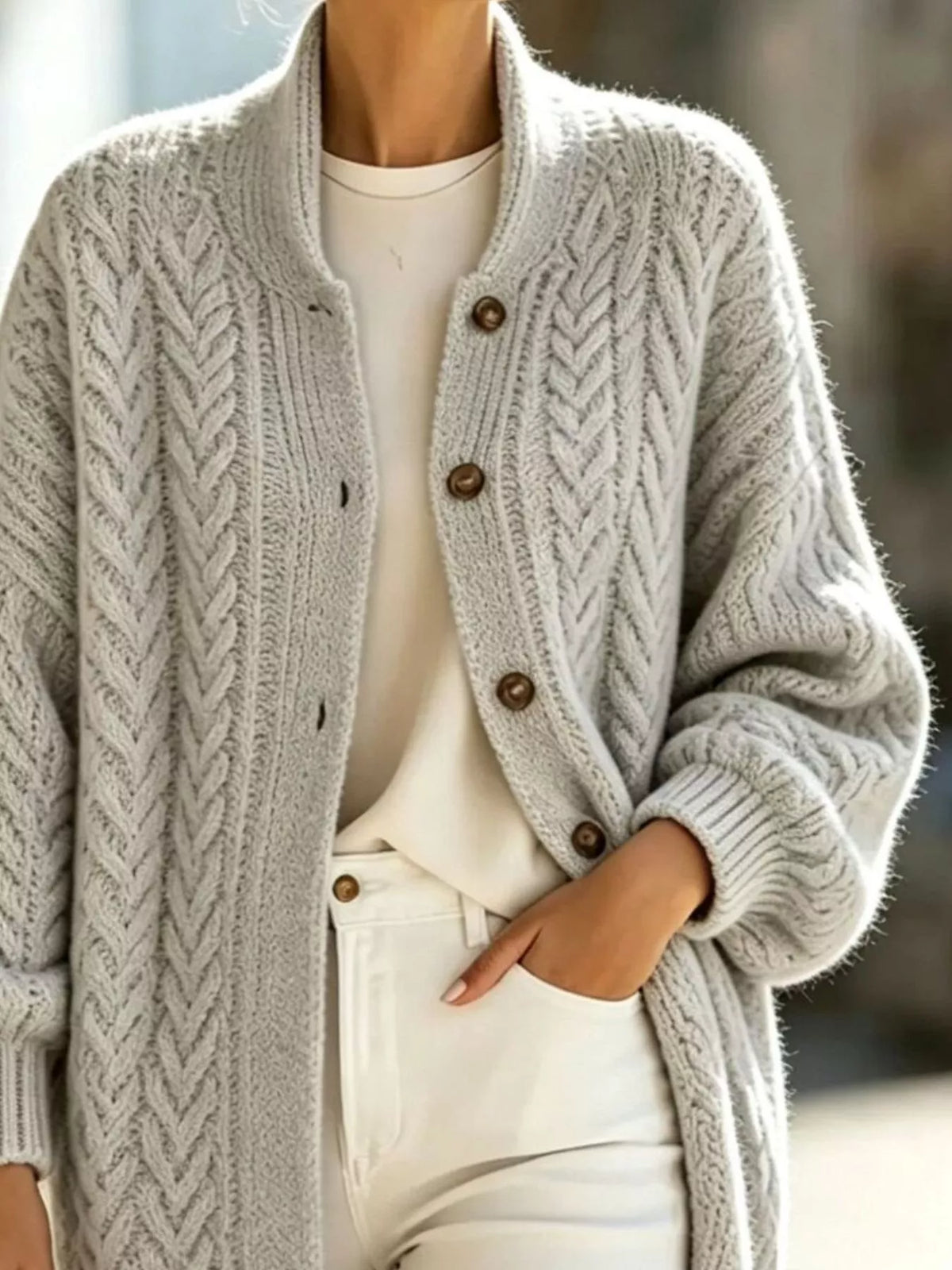 Round neck long sleeve cardigan, construction and design details