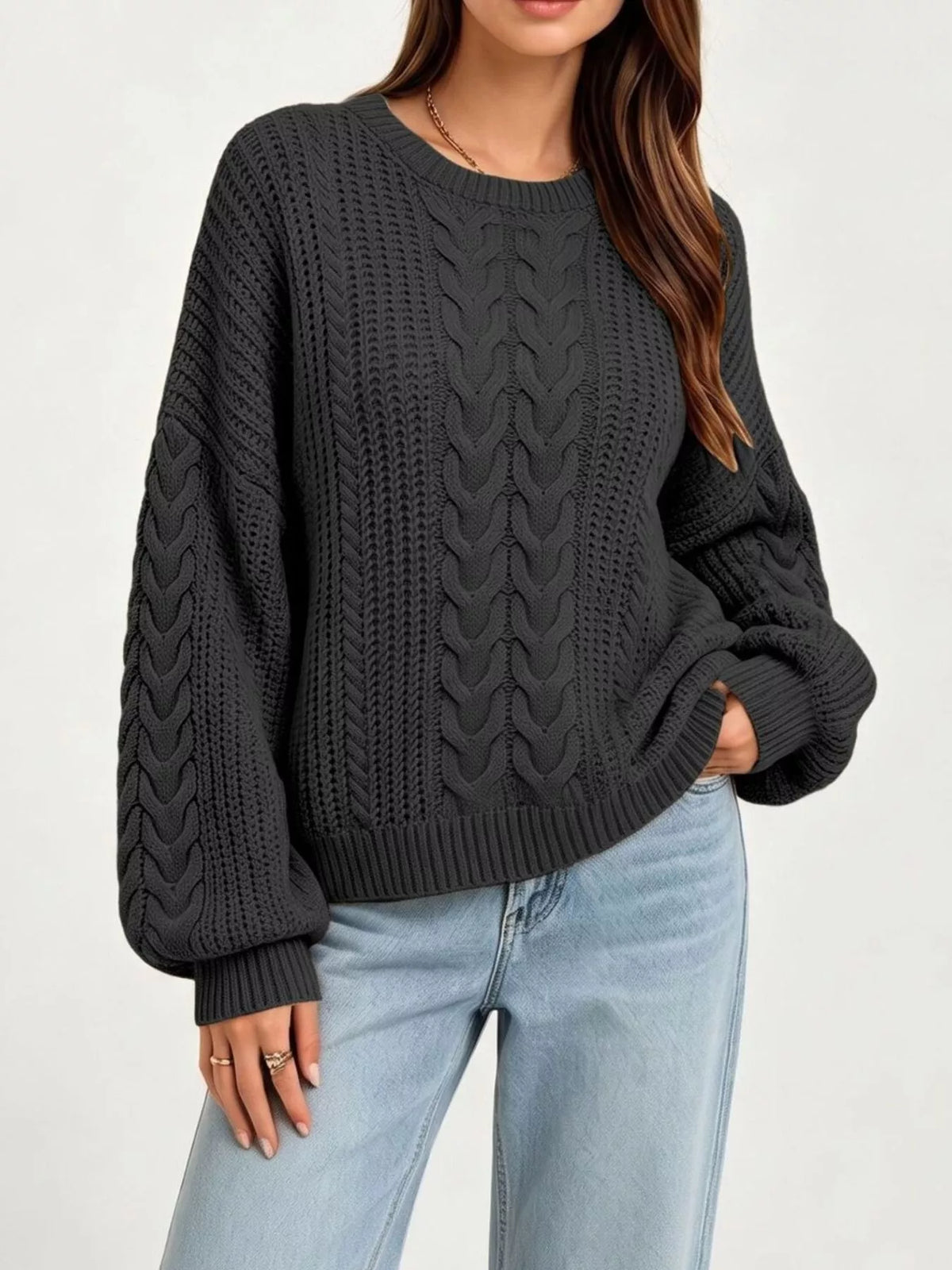 Trendsi Chunky Cable Knit Round Neck Sweater -
