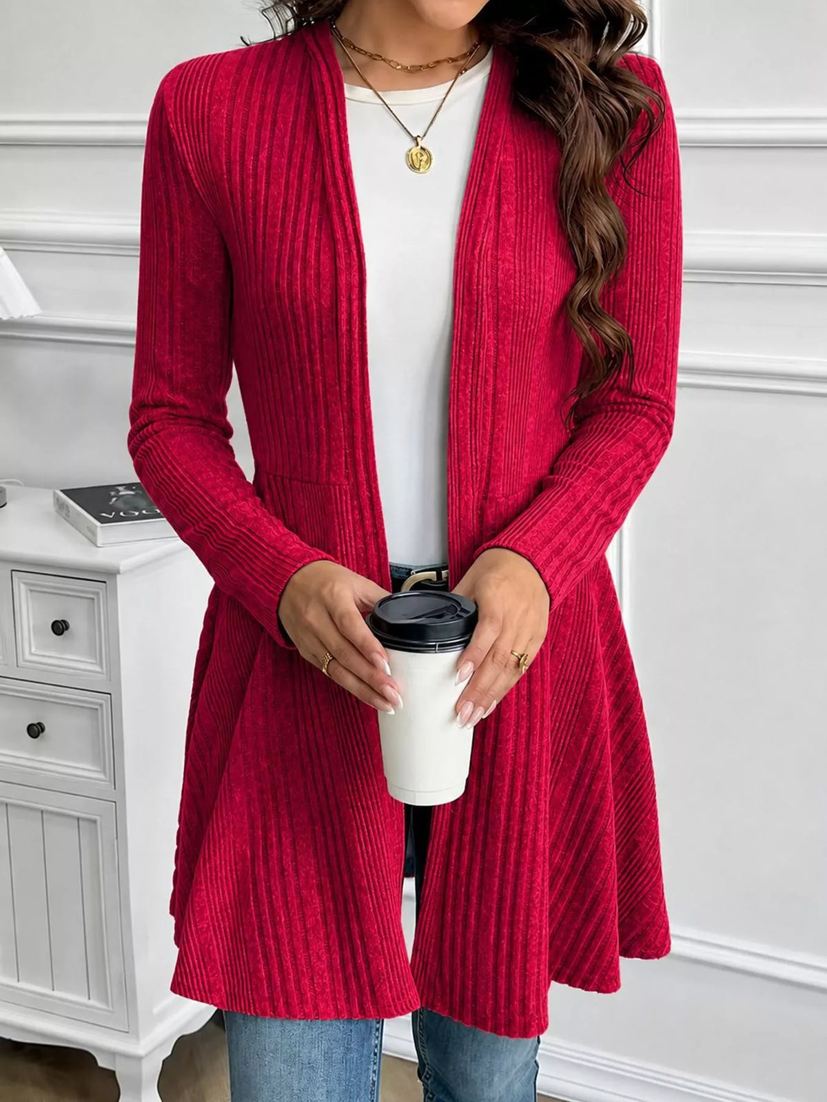 Red ribbed knit open front cardigan