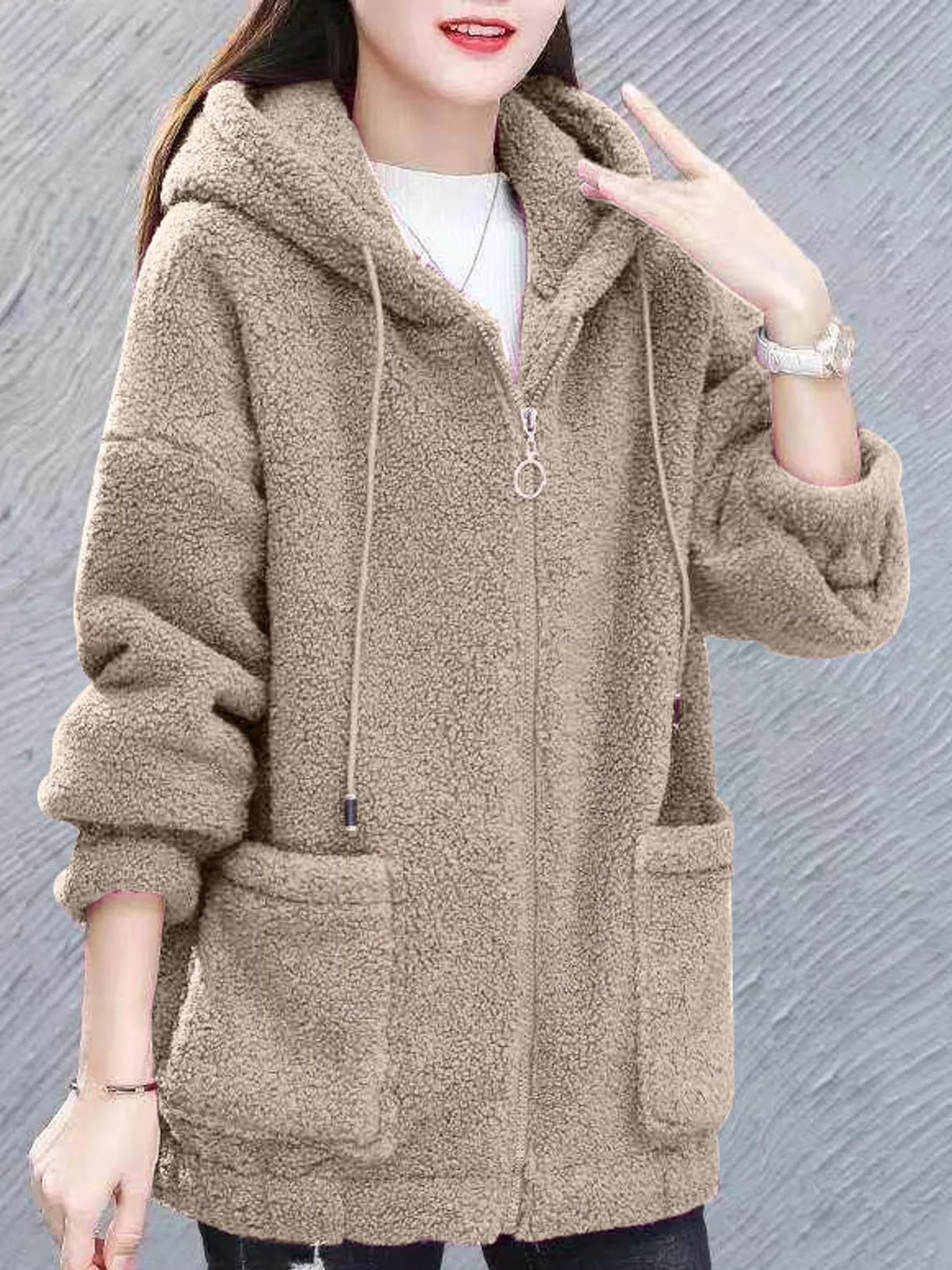 Khaki fleece zip-up hoodie with pockets