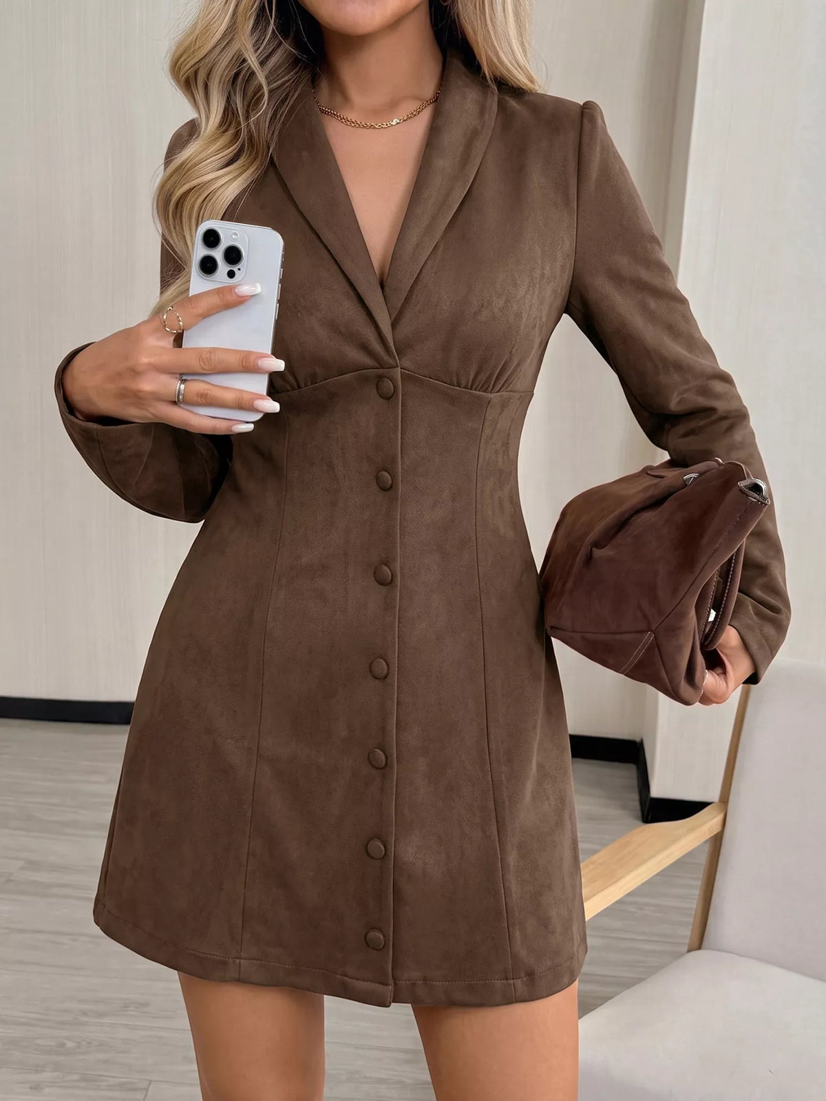 Trendsi Button-Front Long Sleeve Blazer Dress -