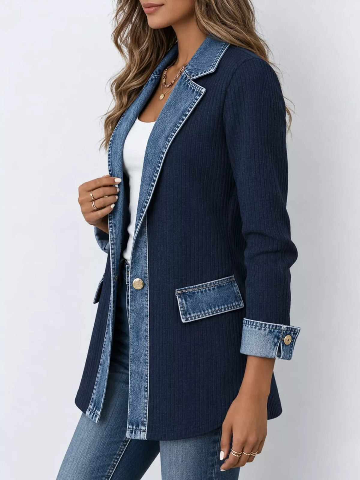 Navy denim trim ribbed knit cardigan, side view
