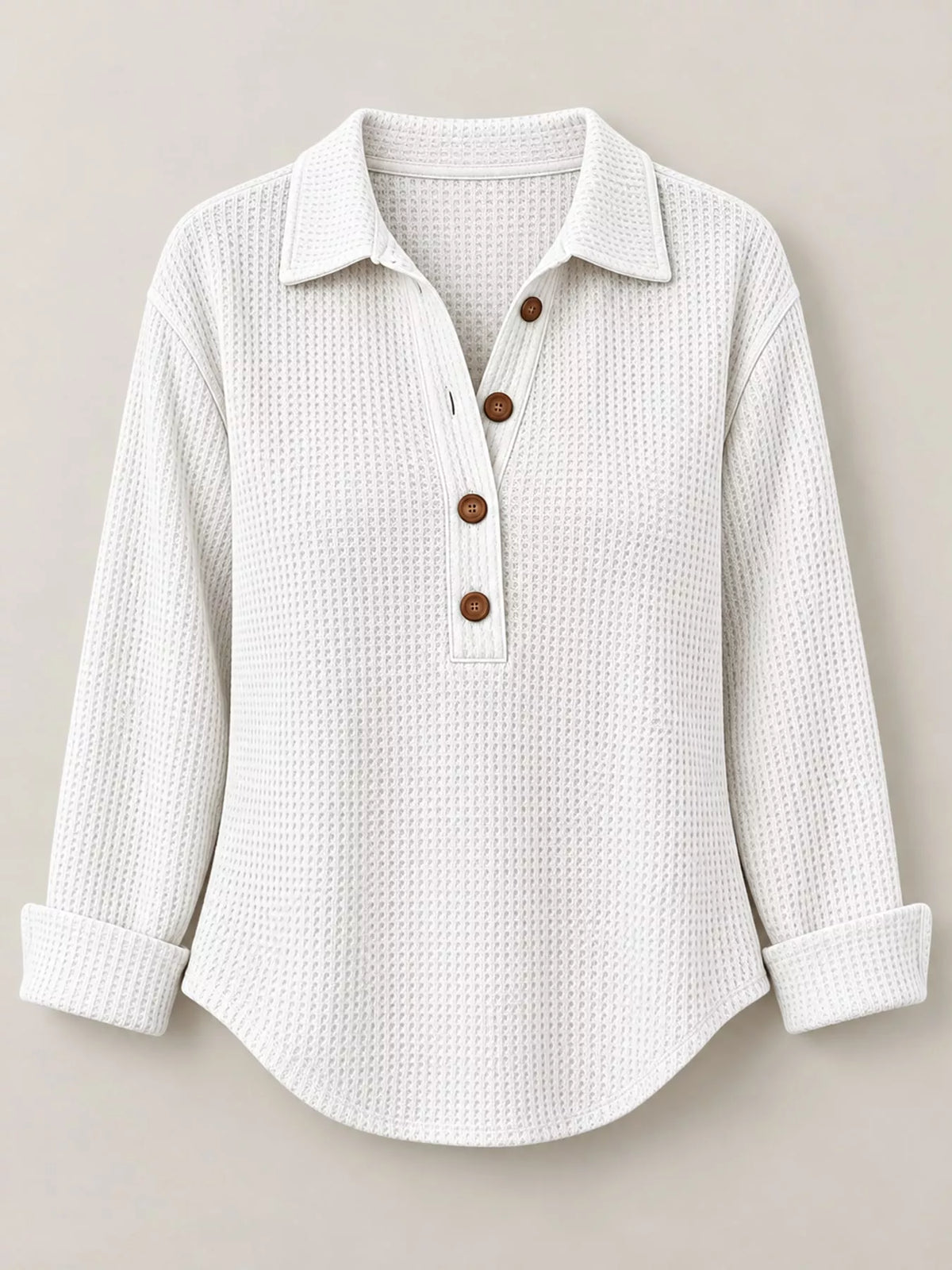 White waffle knit long sleeve polo top, front view
