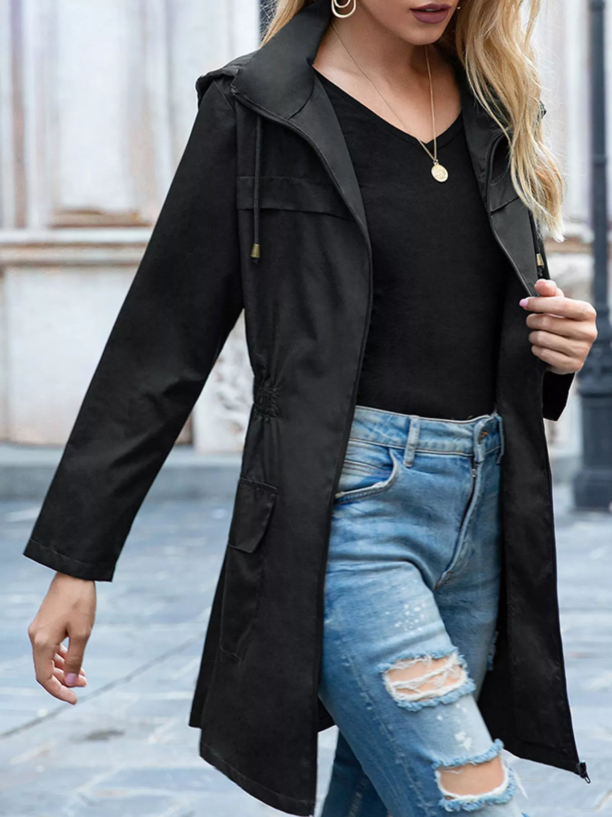 Women's Zip Up Drawstring Waist Hooded Jacket in black — front view