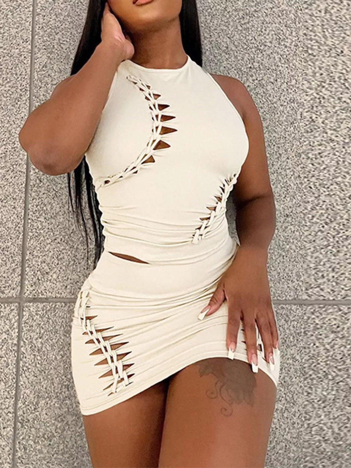 Sleeveless Cut-Out Bodycon Top and Mini Skirt Set — front view
