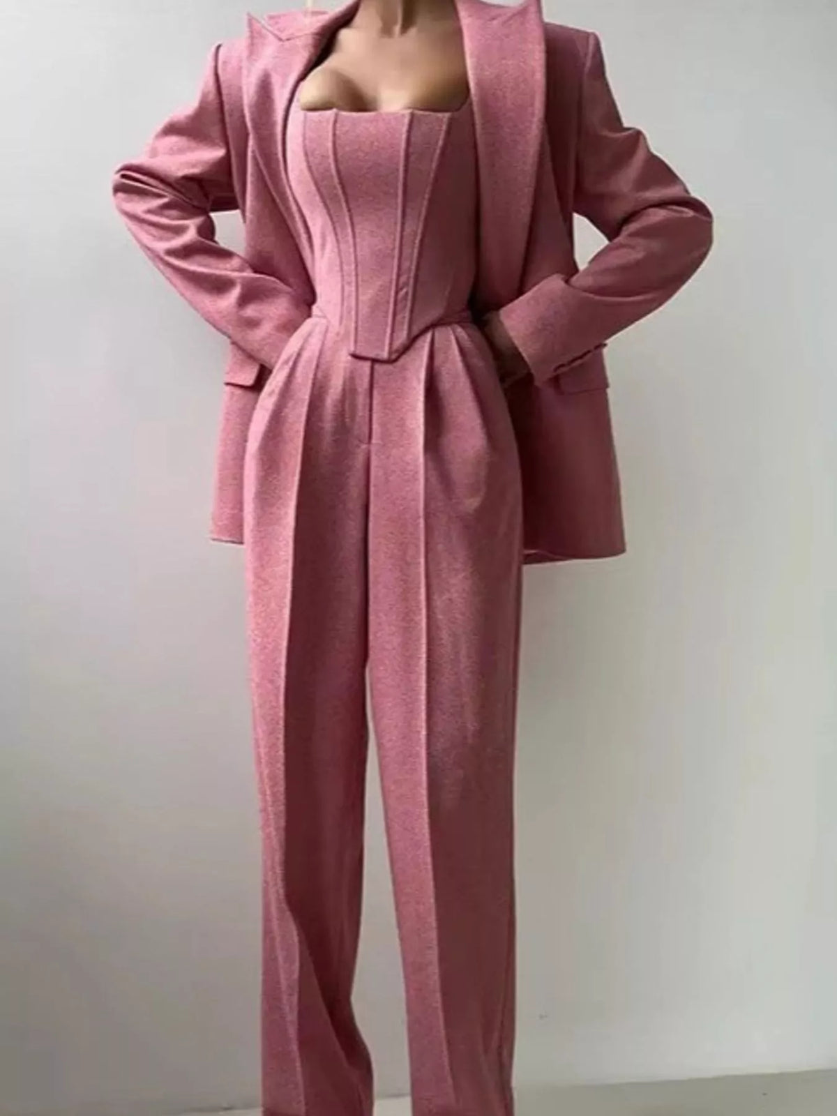 Collared long sleeve outfit set, front view on model