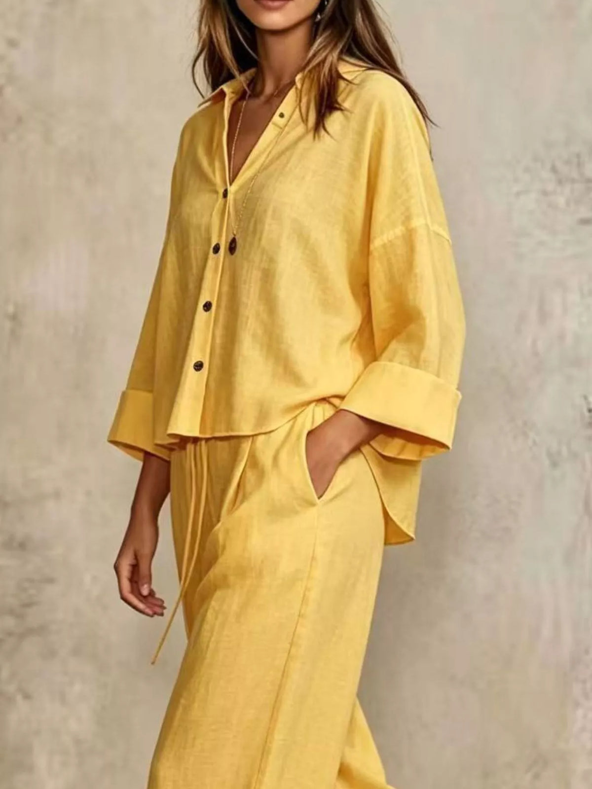 Shirt and pants set, yellow shirt detail
