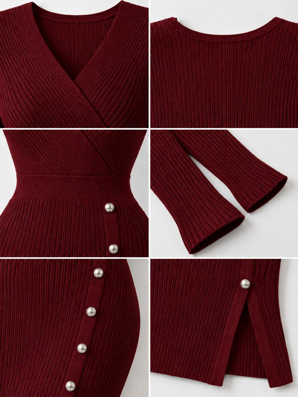 Burgundy decorative button ribbed knit sweater dress, detail view