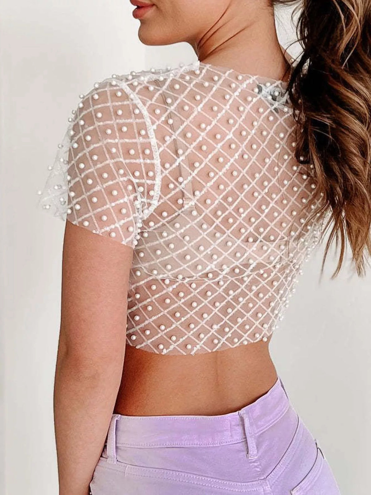 Sheer Mesh Pearl Embellished Crop Blouse, detail view in white