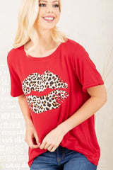 Trendsi Women’s Leopard Lip Print Round Neck Short Sleeve T Shirt Spandex Plus Size - Shirts