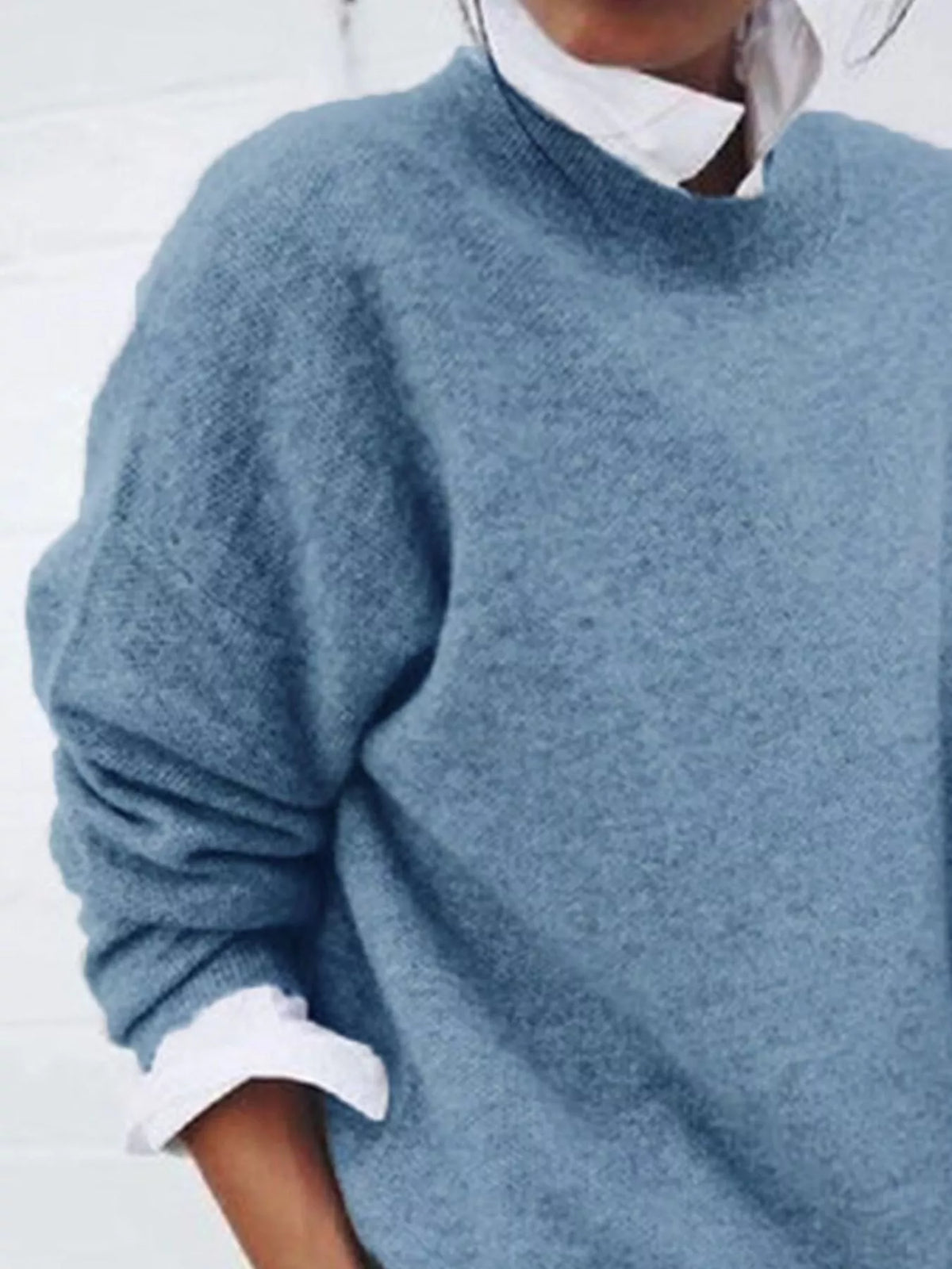 Dusty Blue Round Neck Long Sleeve Sweater back view