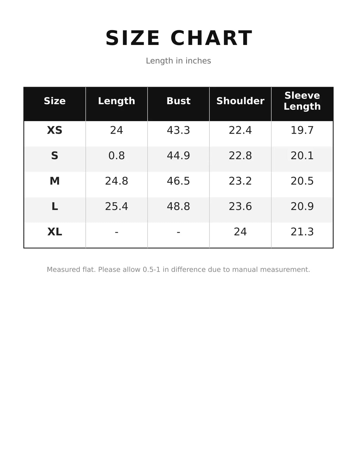 Size chart for oversized sherpa fleece zip-up jacket