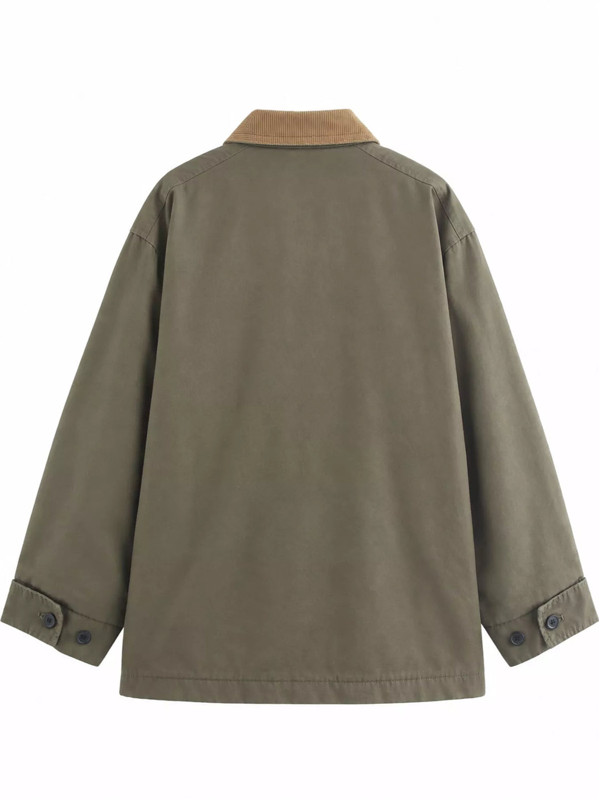 Olive contrast corduroy collar button-up jacket — back view