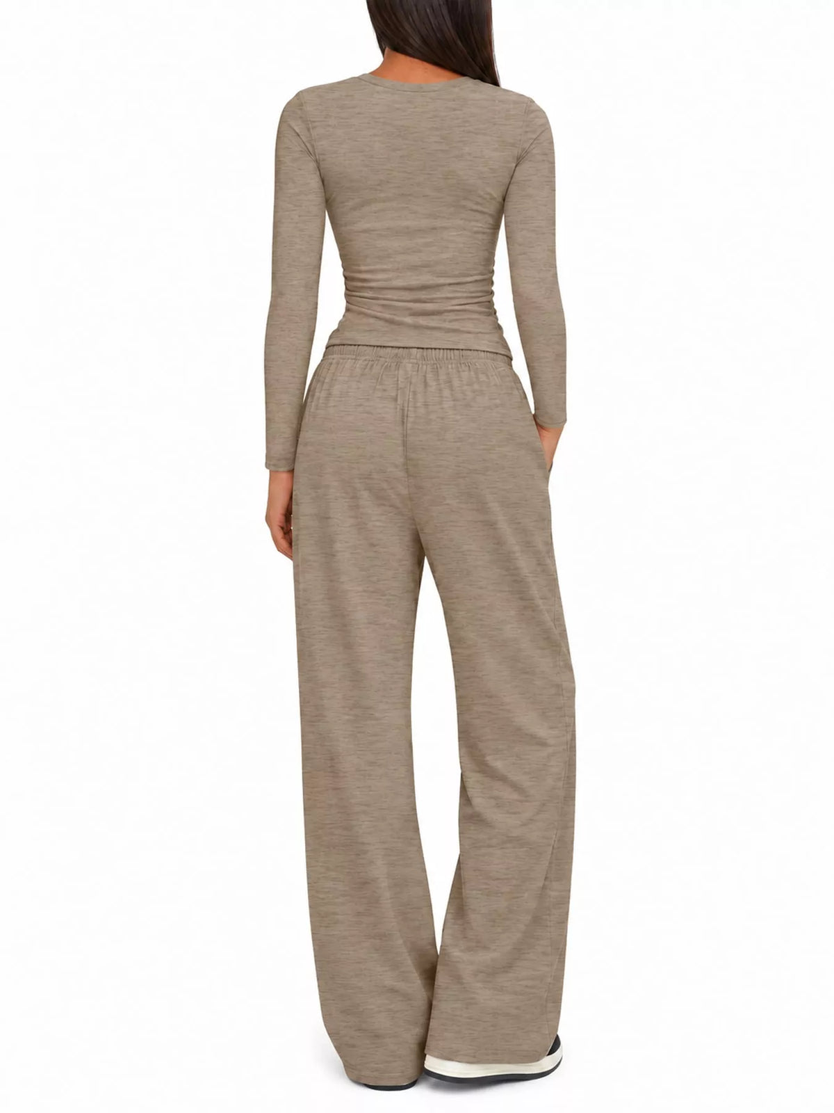 Long Sleeve Ruched Top and Wide-Leg Drawstring Pants Set — back view