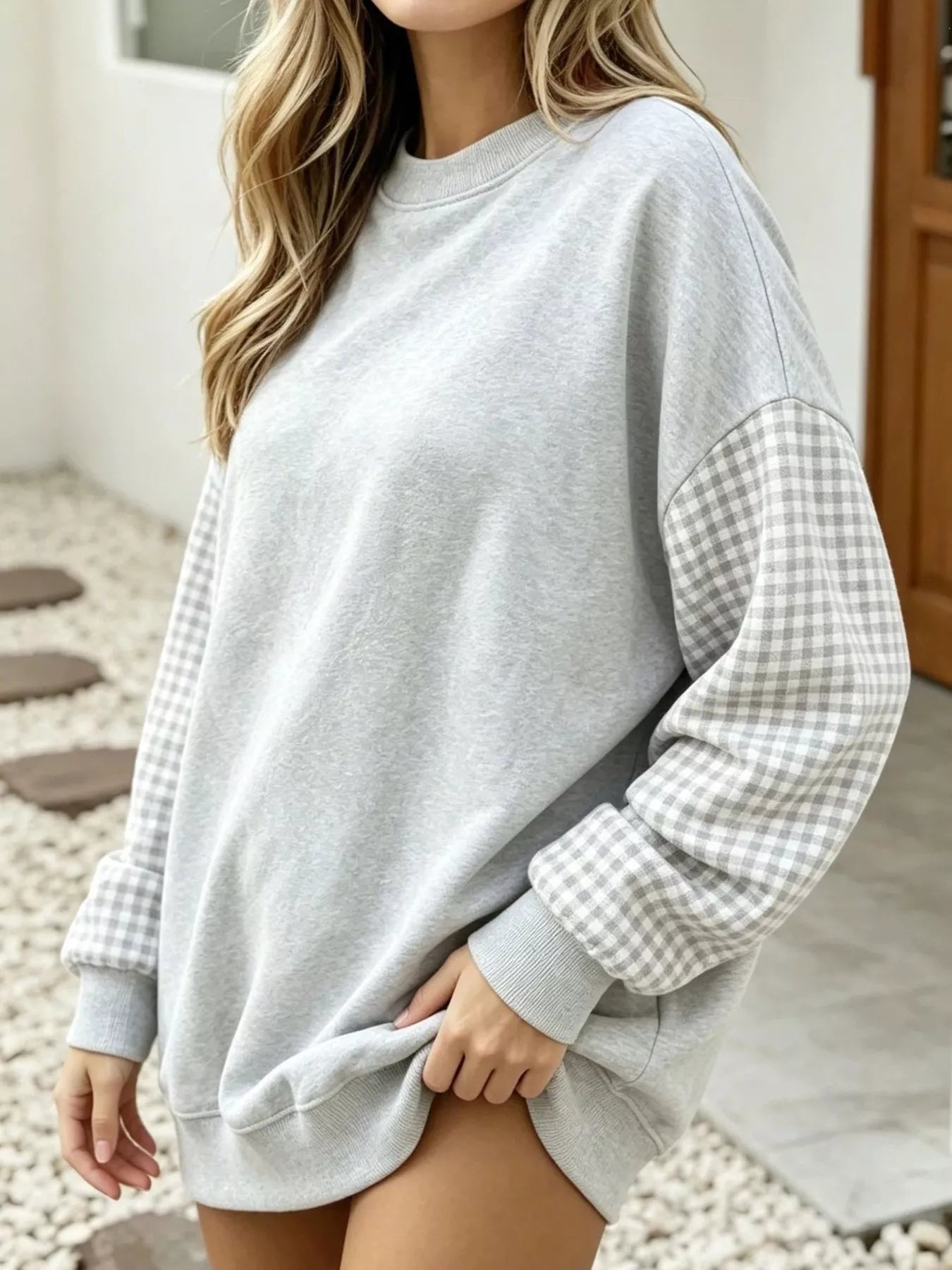 Trendsi Contrast Gingham Long Sleeve Sweatshirt -