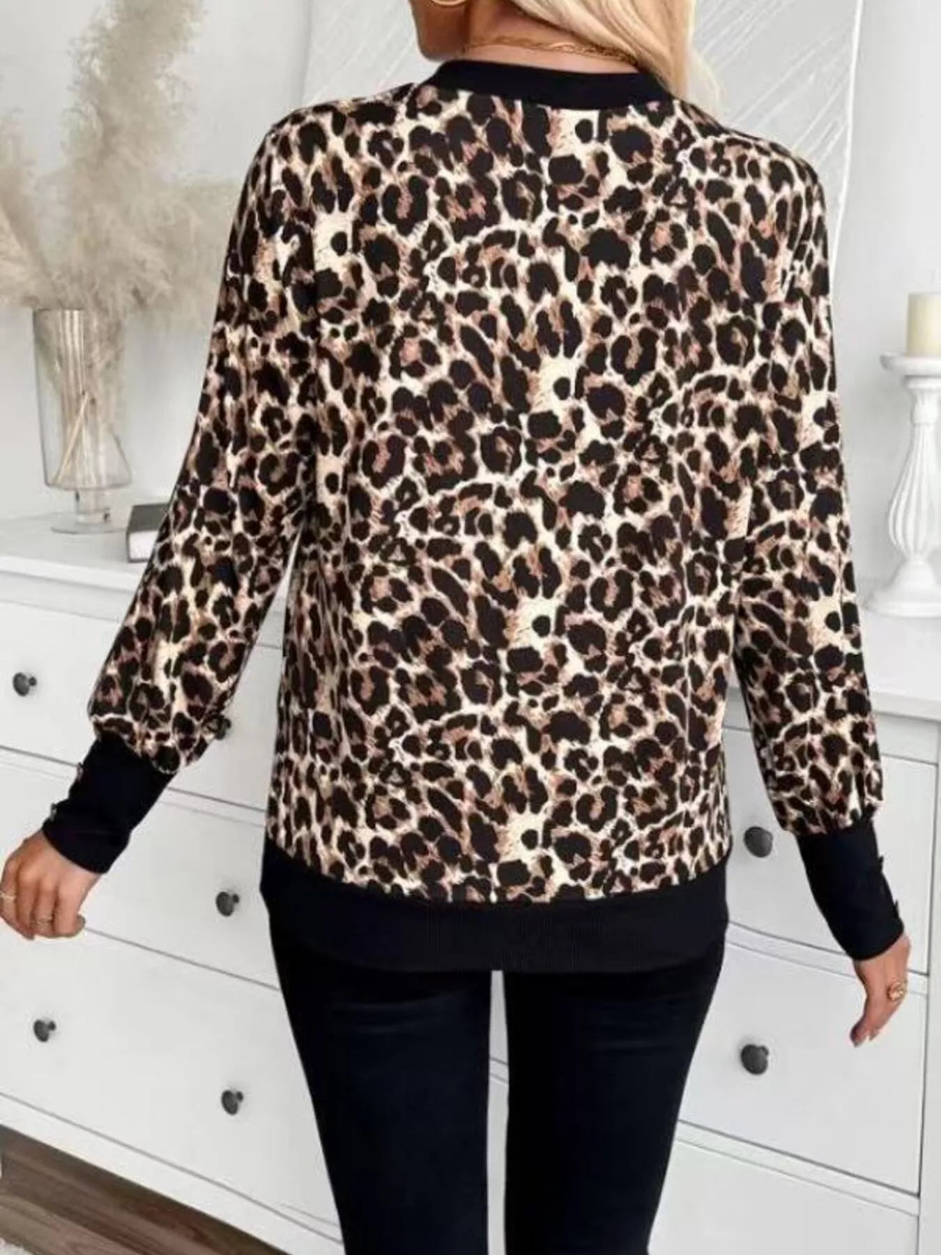 Trendsi Printed V-Neck Long Sleeve T-Shirt with Button Cuffs -