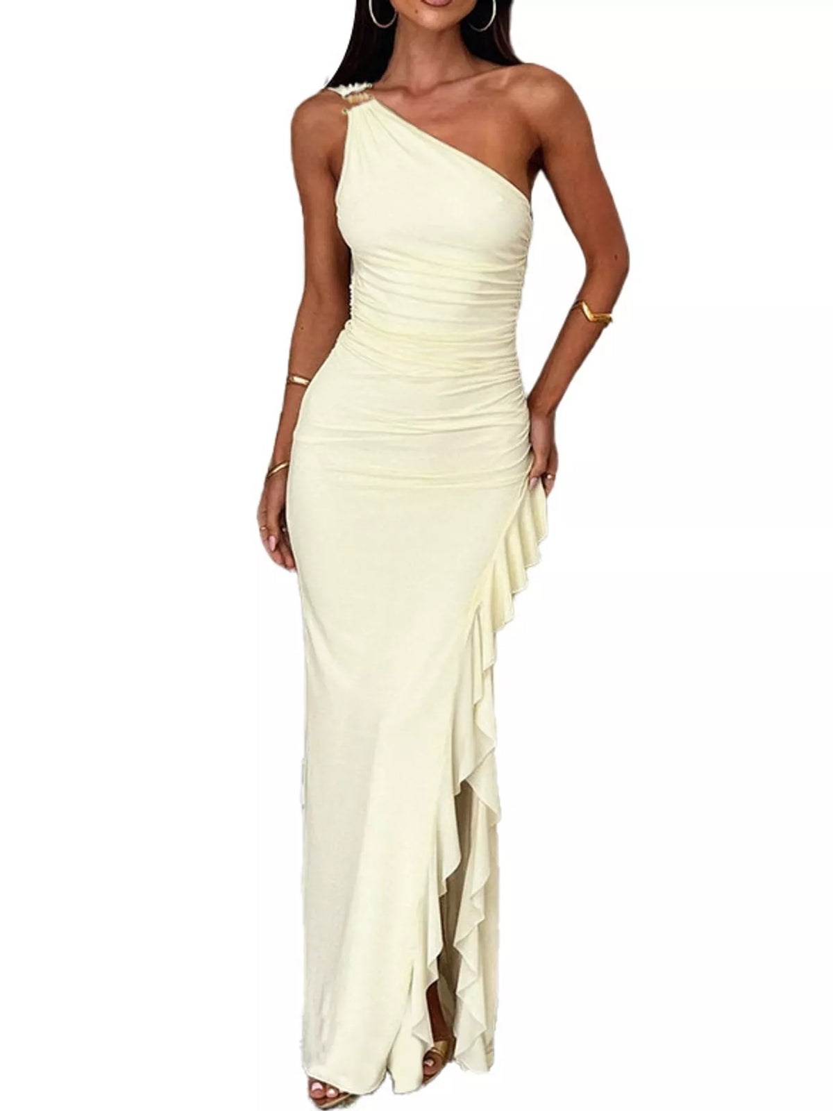 Cream one shoulder ruched ruffle hem maxi dress, front view