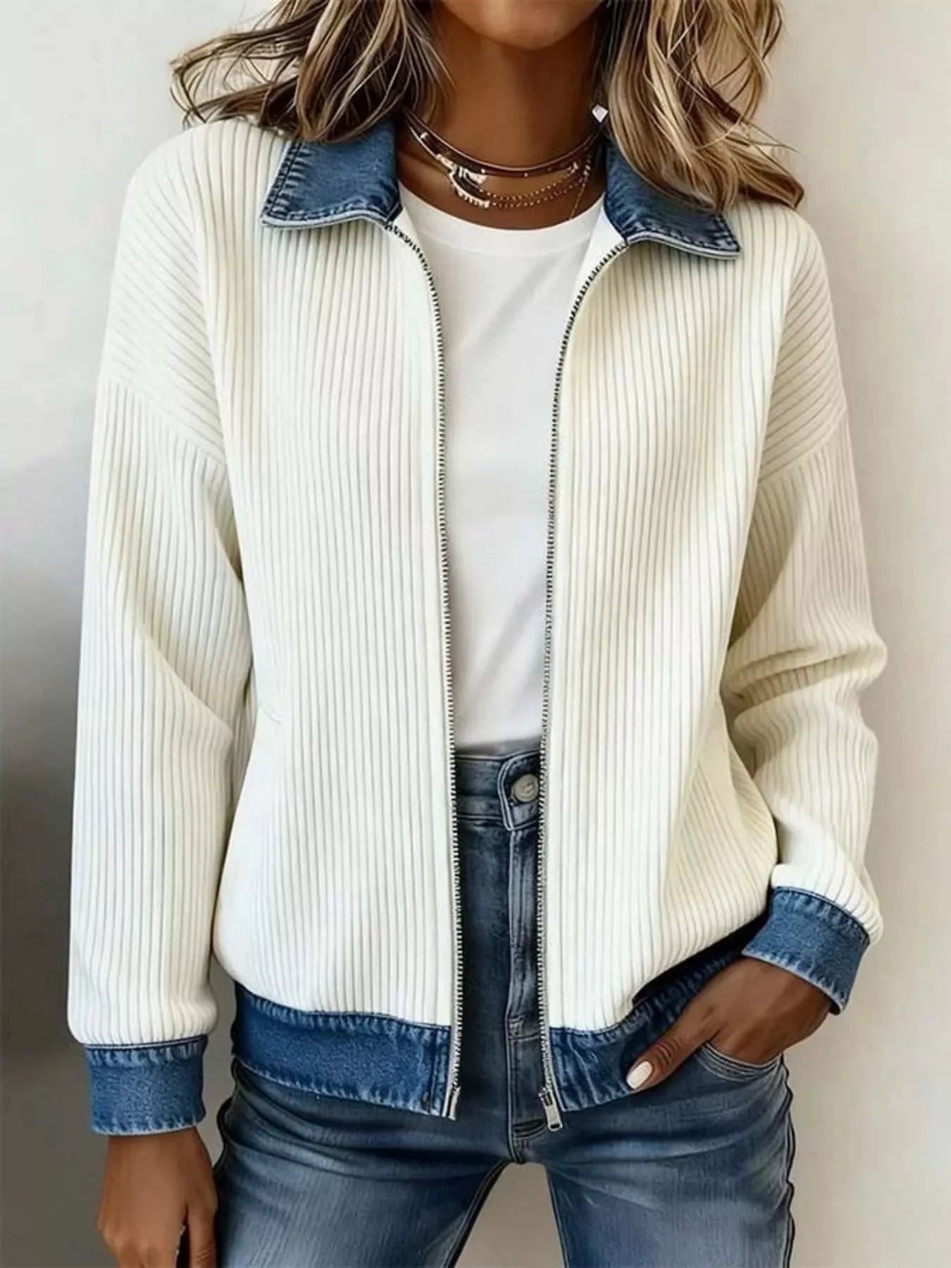 Trendsi Contrast Denim Collar Ribbed Knit Jacket - Outerwear