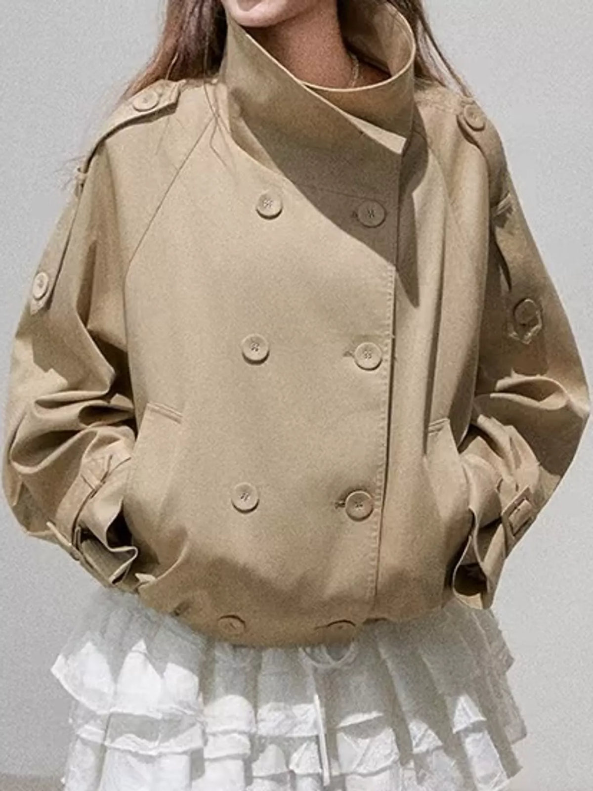 Khaki double-breasted stand collar cropped trench jacket