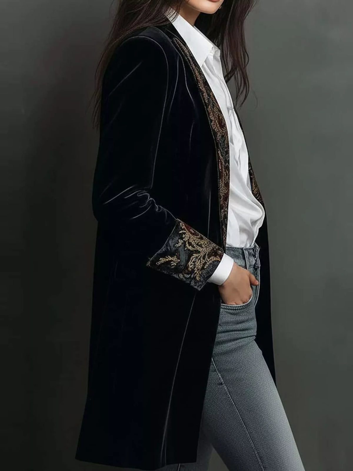 Black (with Lining) floral lapels and cuffs velvet blazer