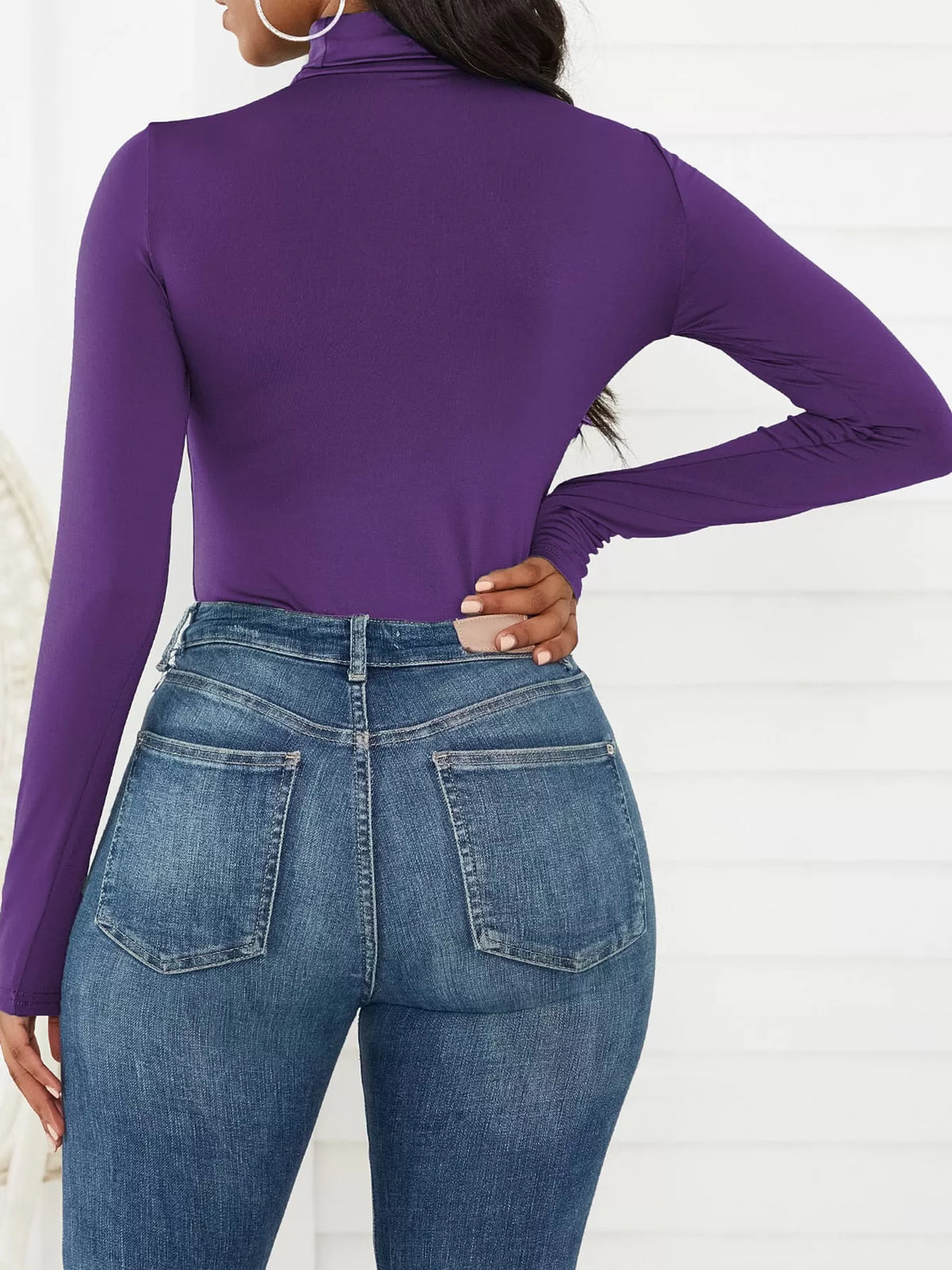 Long Sleeve Turtleneck Slim-Fit Bodysuit, back view in purple