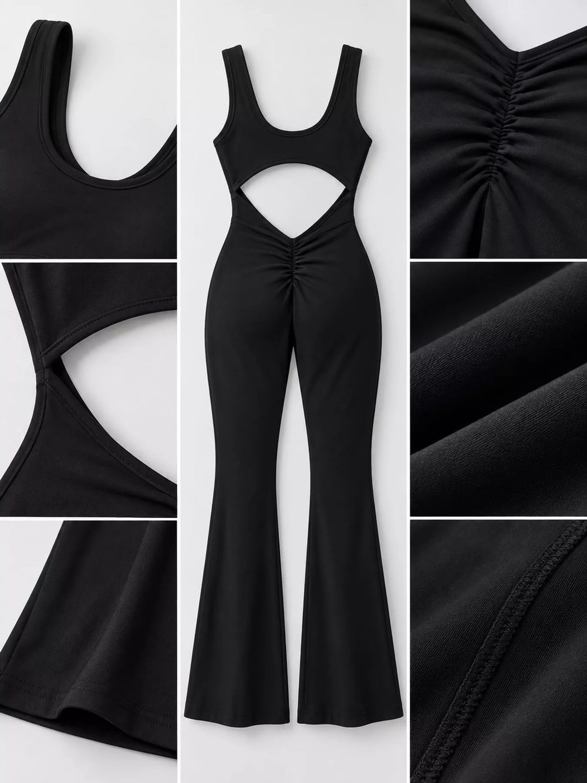 Black scoop-neck flared-leg active jumpsuit, collage of front, back and fabric details.