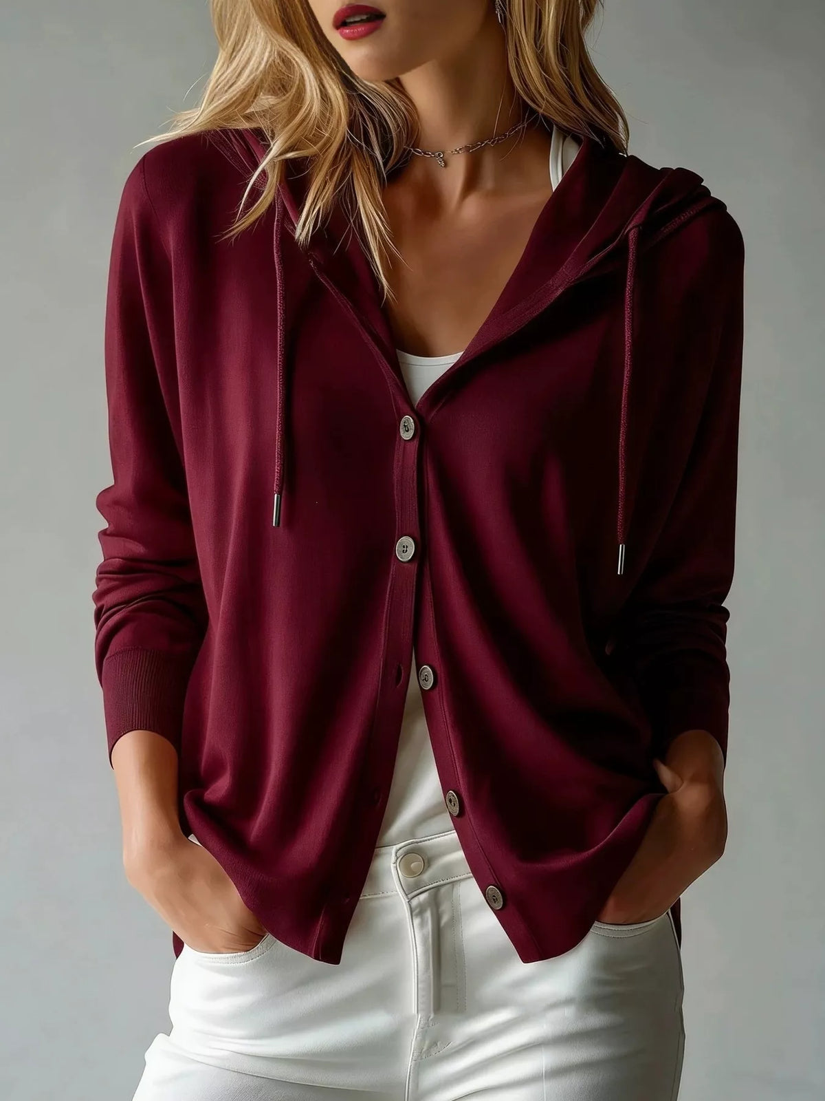 Wine Red Drawstring-Hood Button-Down Cardigan with Pockets front lifestyle view